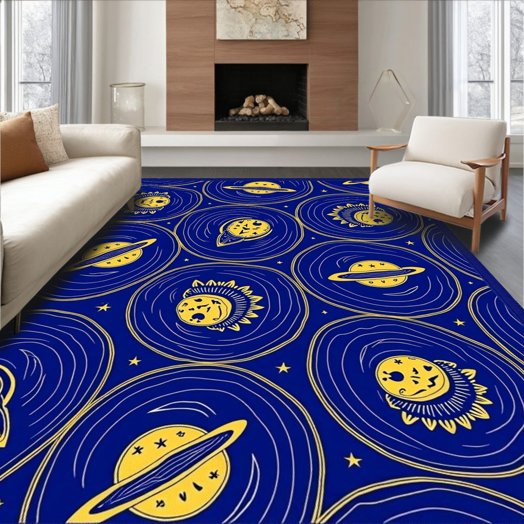 Cosmic Yellow Planets Blue Night Rug
