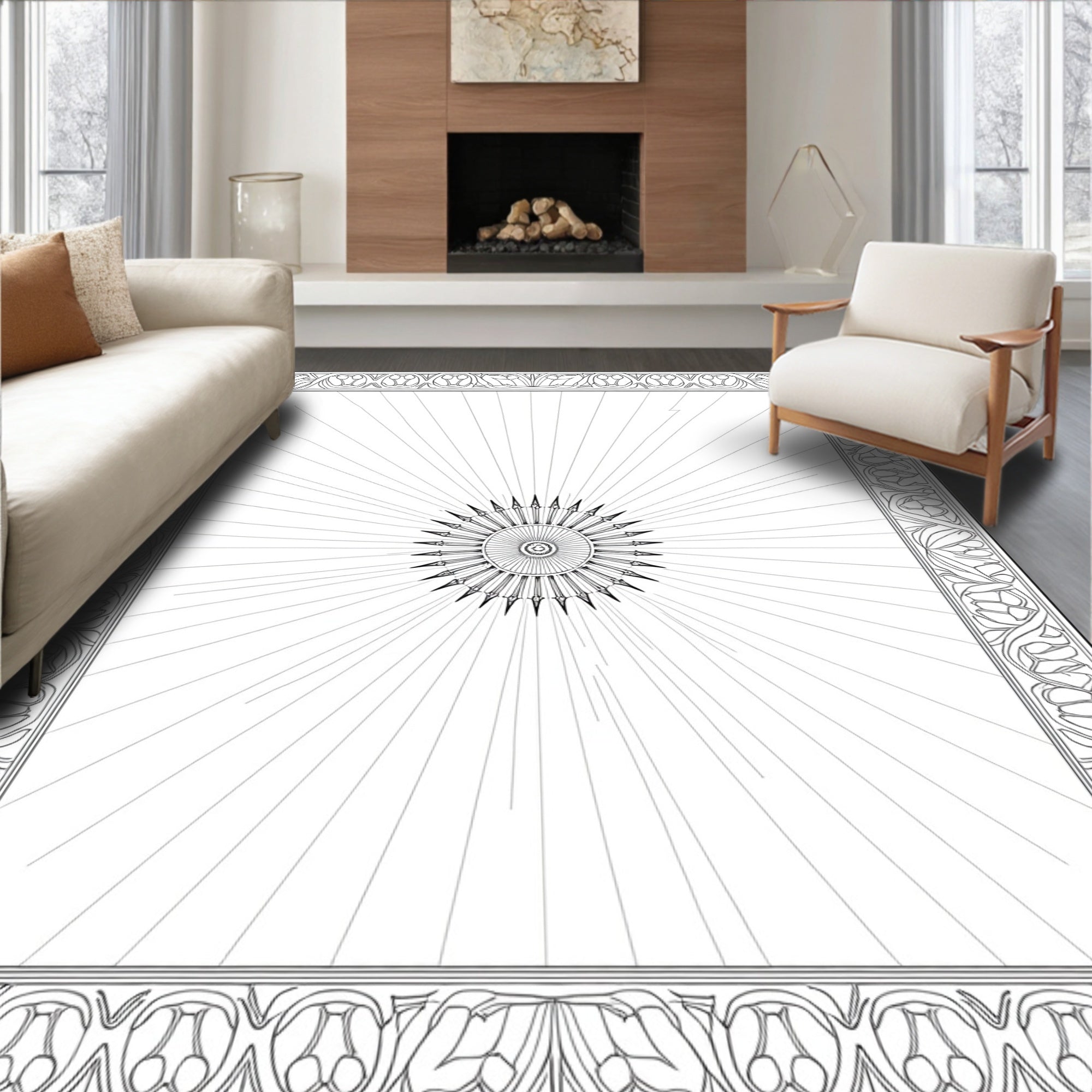Sunburst Mandala Floral Border Rug