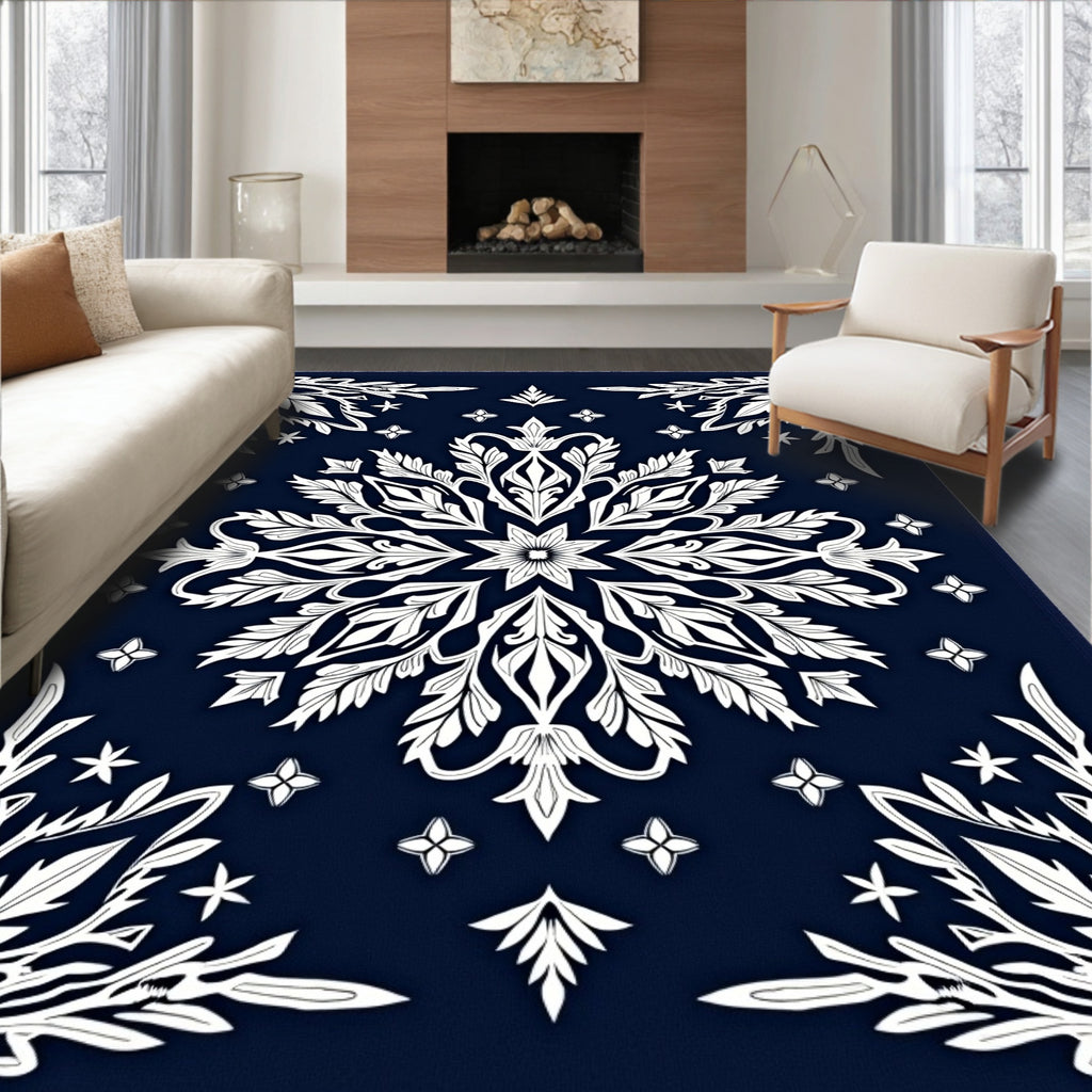Deep Navy White Laurel Medallion Rug