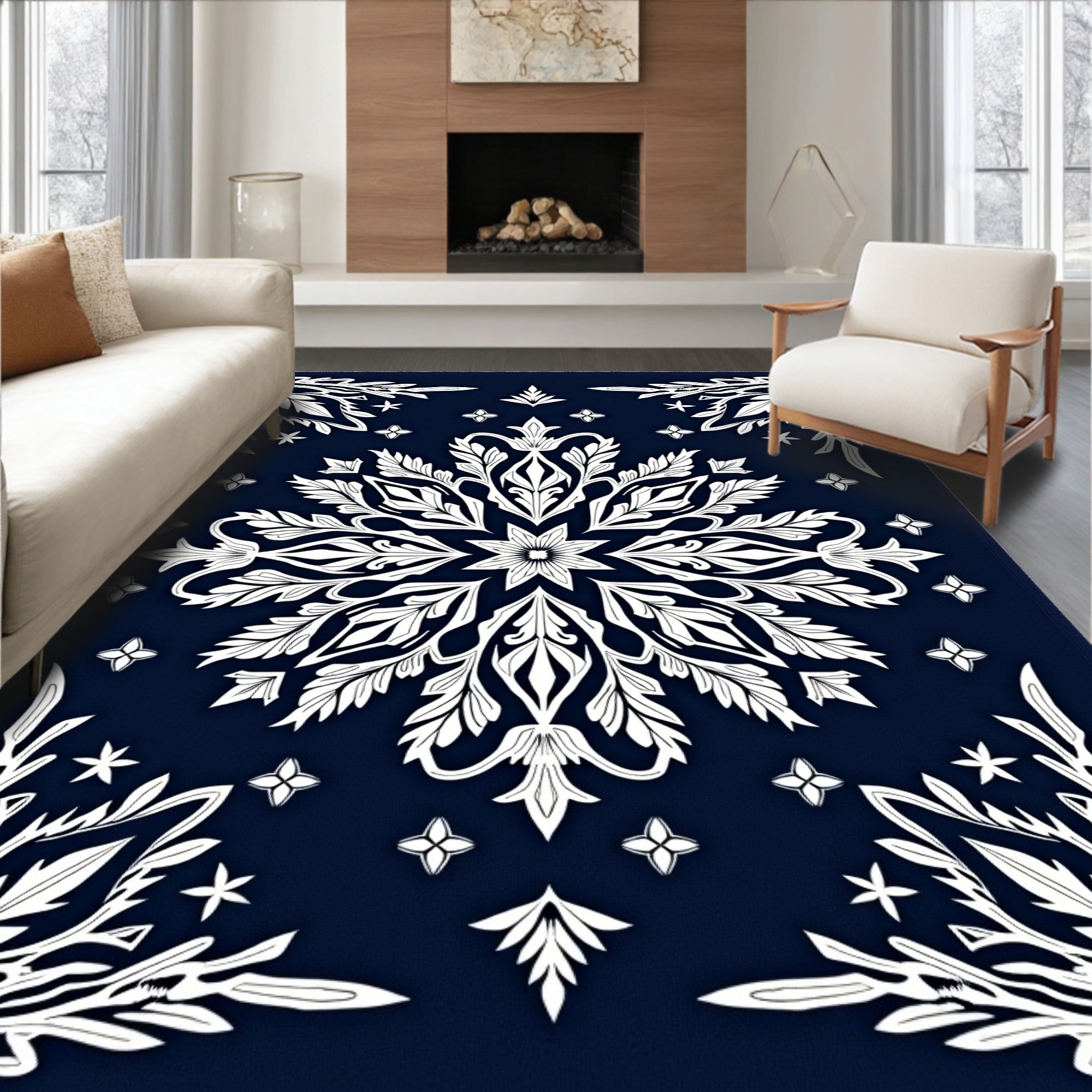Deep Navy White Laurel Medallion Rug