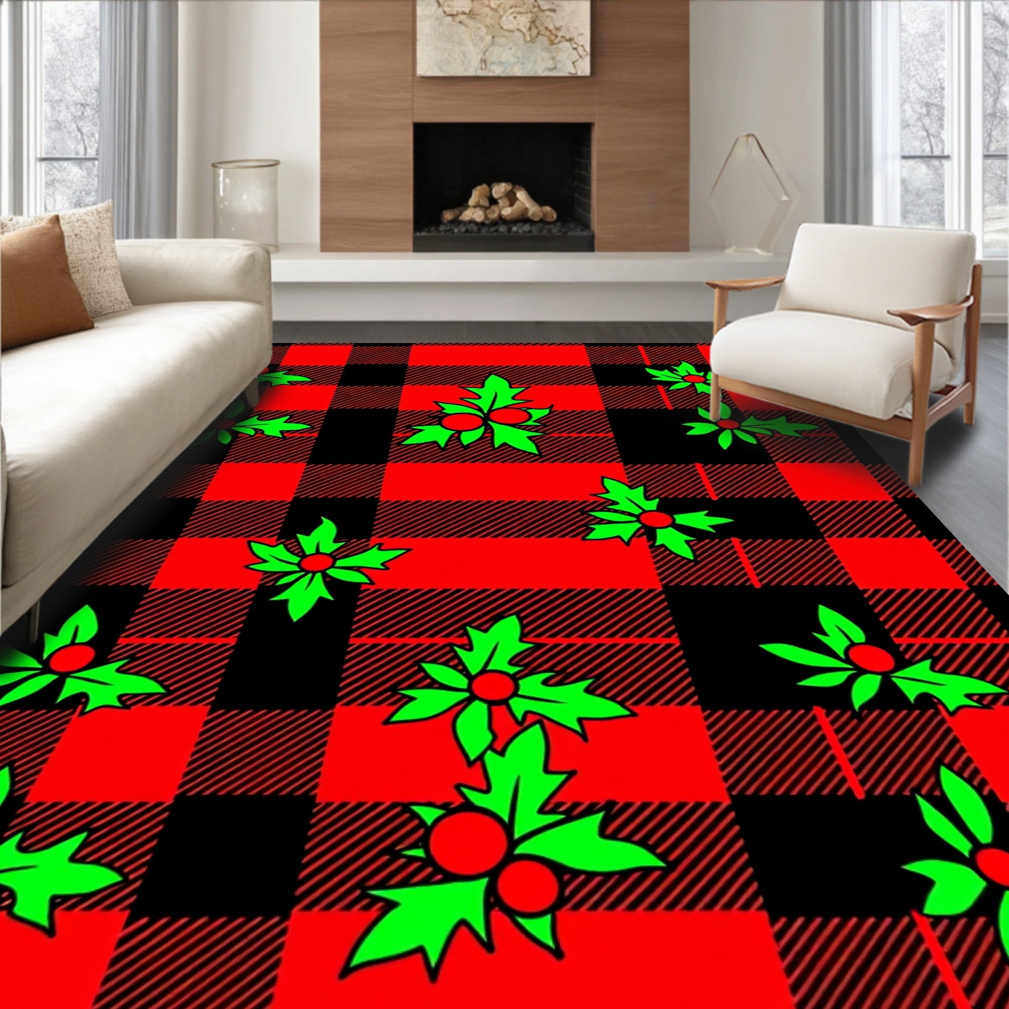 Red Black Buffalo Plaid Holly Sprigs Rug