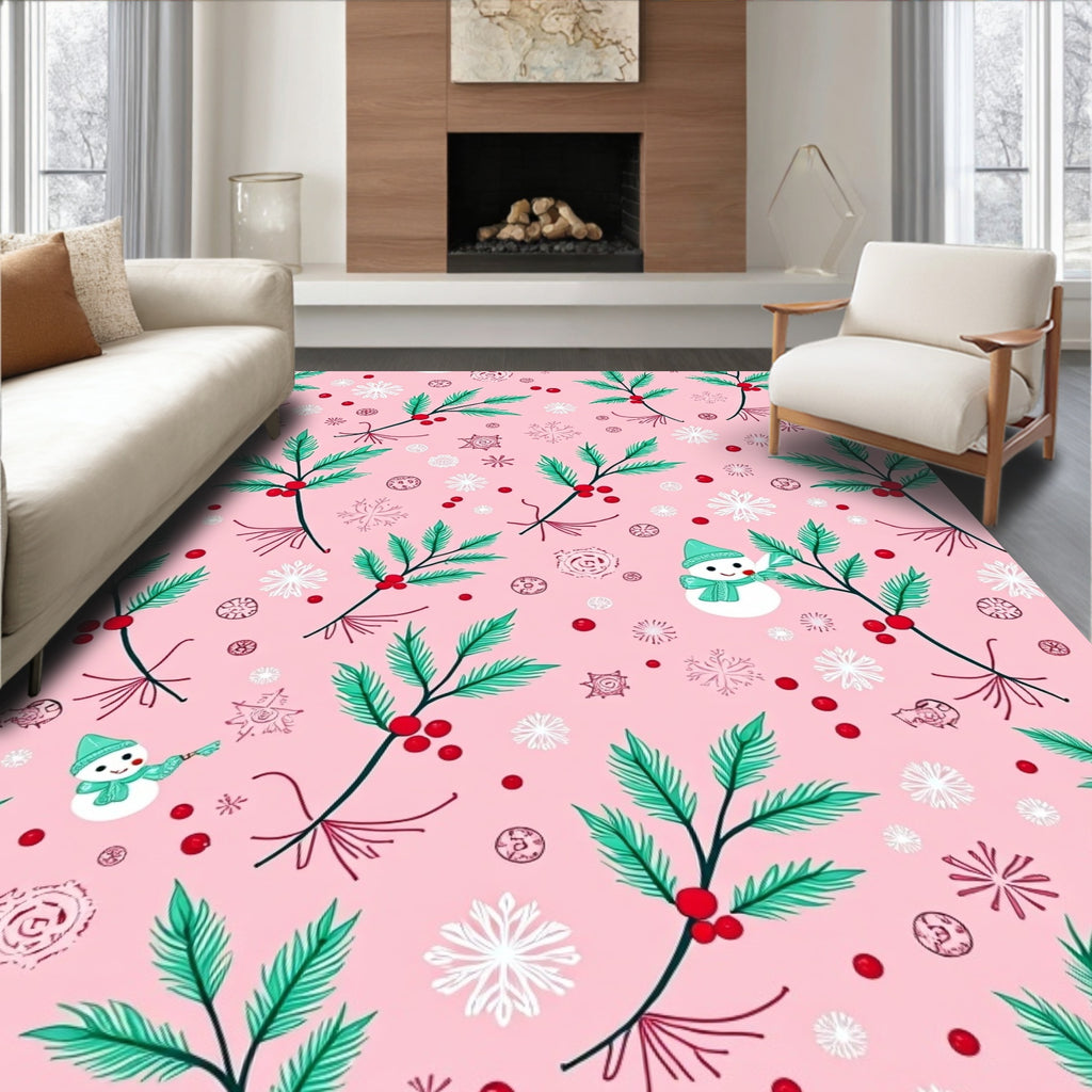 Whimsical Snowman Holly Berry Snowflakes Rug