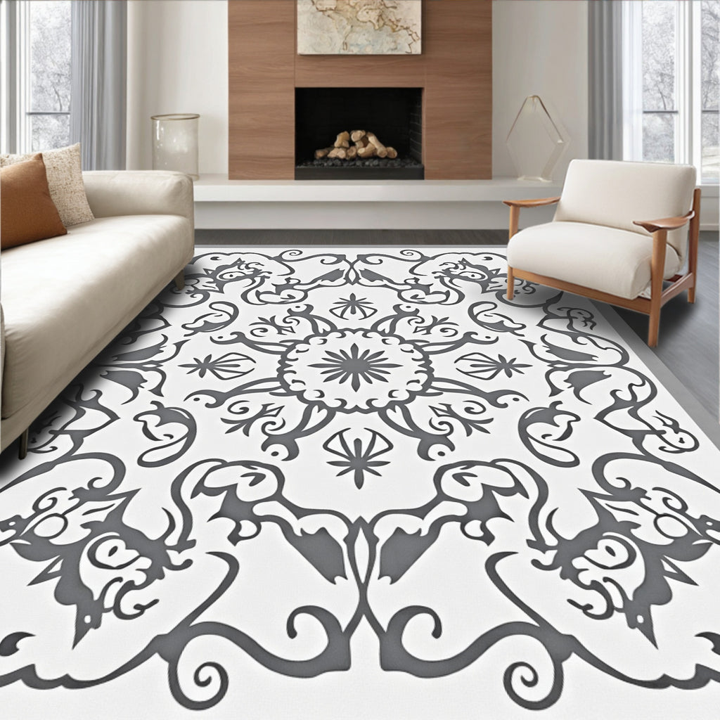 Elegant Gray Floral Mandala Rug
