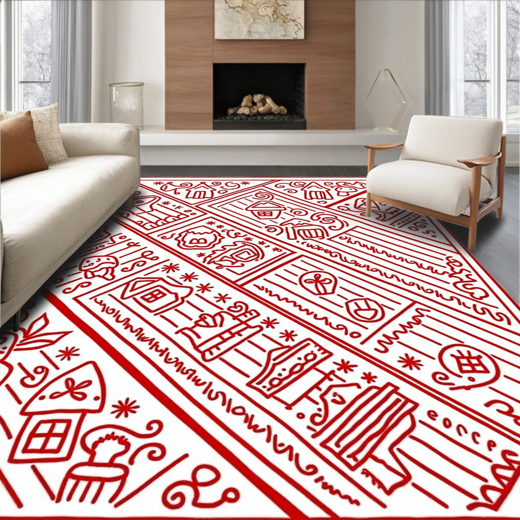 Red Folk Art Village Scene Rug