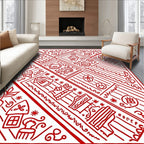 Red Folk Art Village Scene Rug