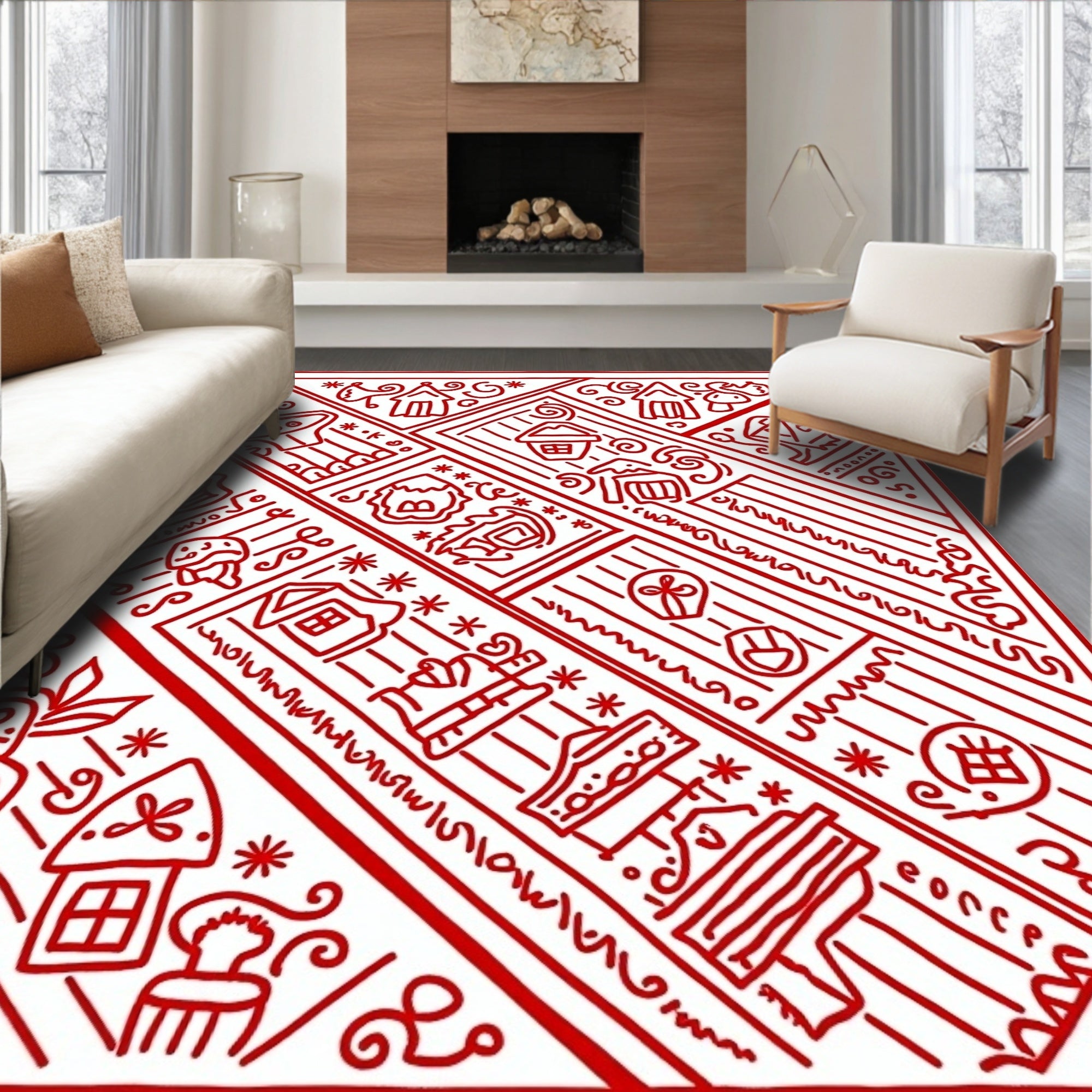 Red Folk Art Village Scene Rug
