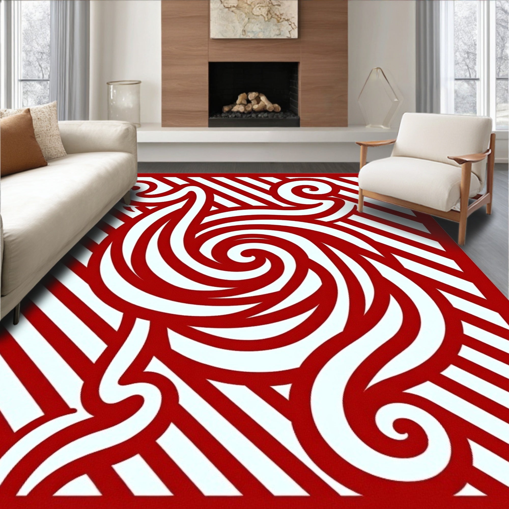 Red Bold Swirl Bamboo Stripes Rug