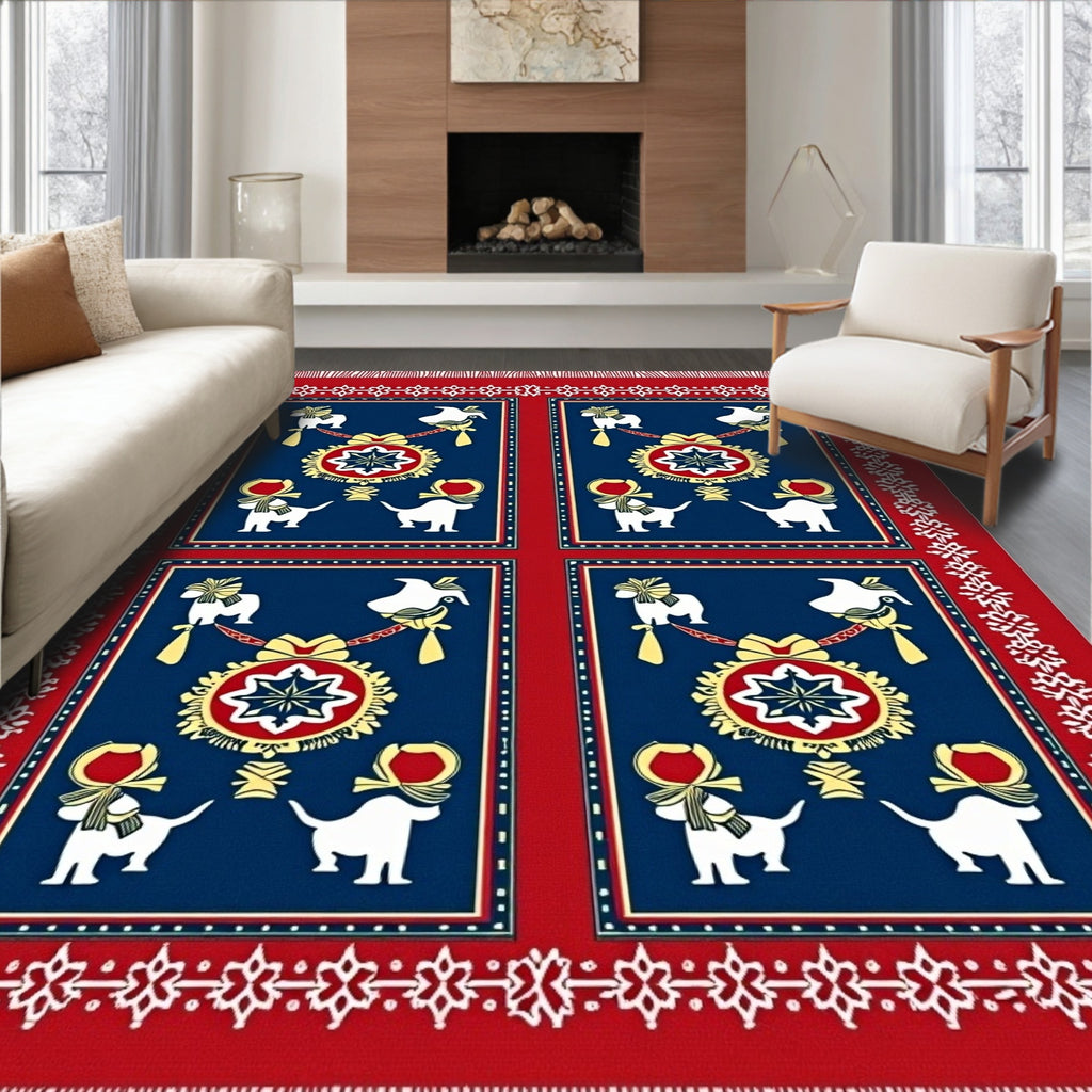 Red Blue White Dog Bird Medallion Rug