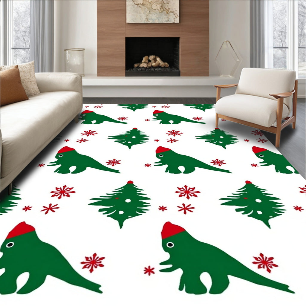 Festive Green Dino Christmas Snowflake Rug