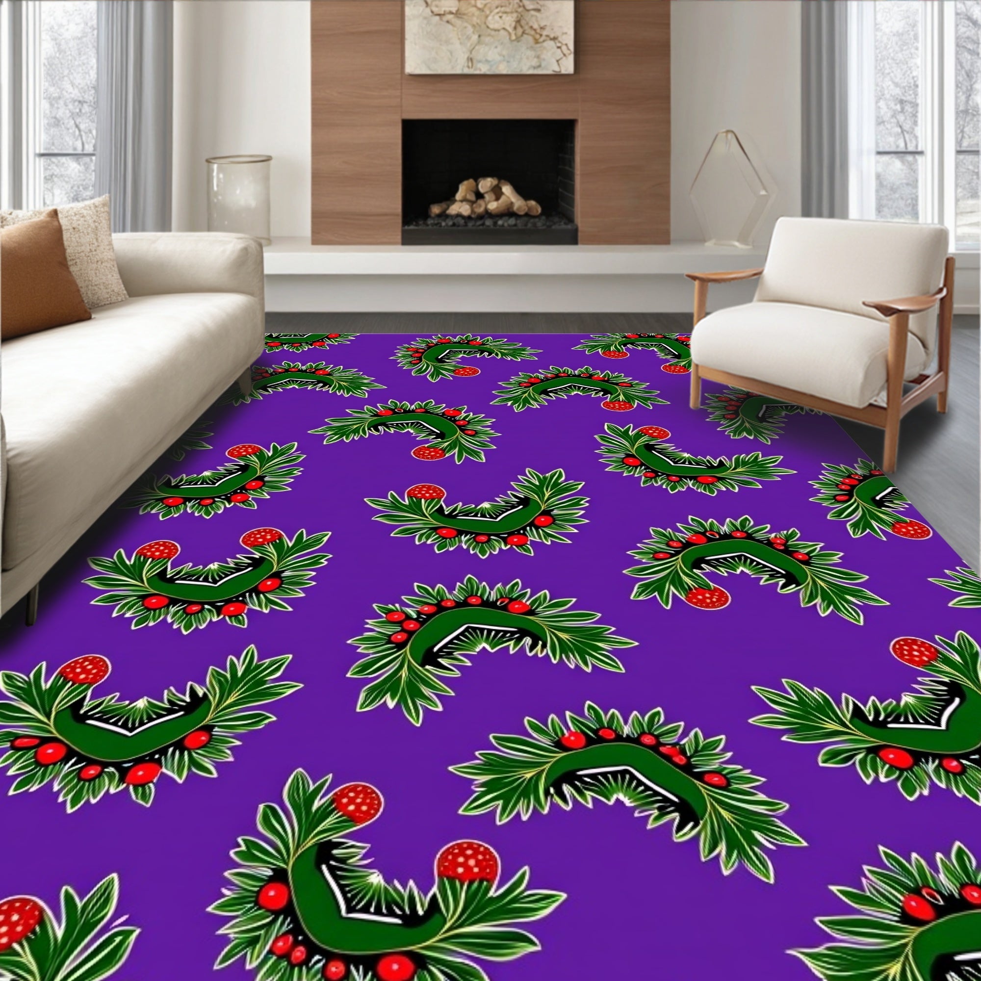 Emerald Green Fanned Leaf Red Berry Rug