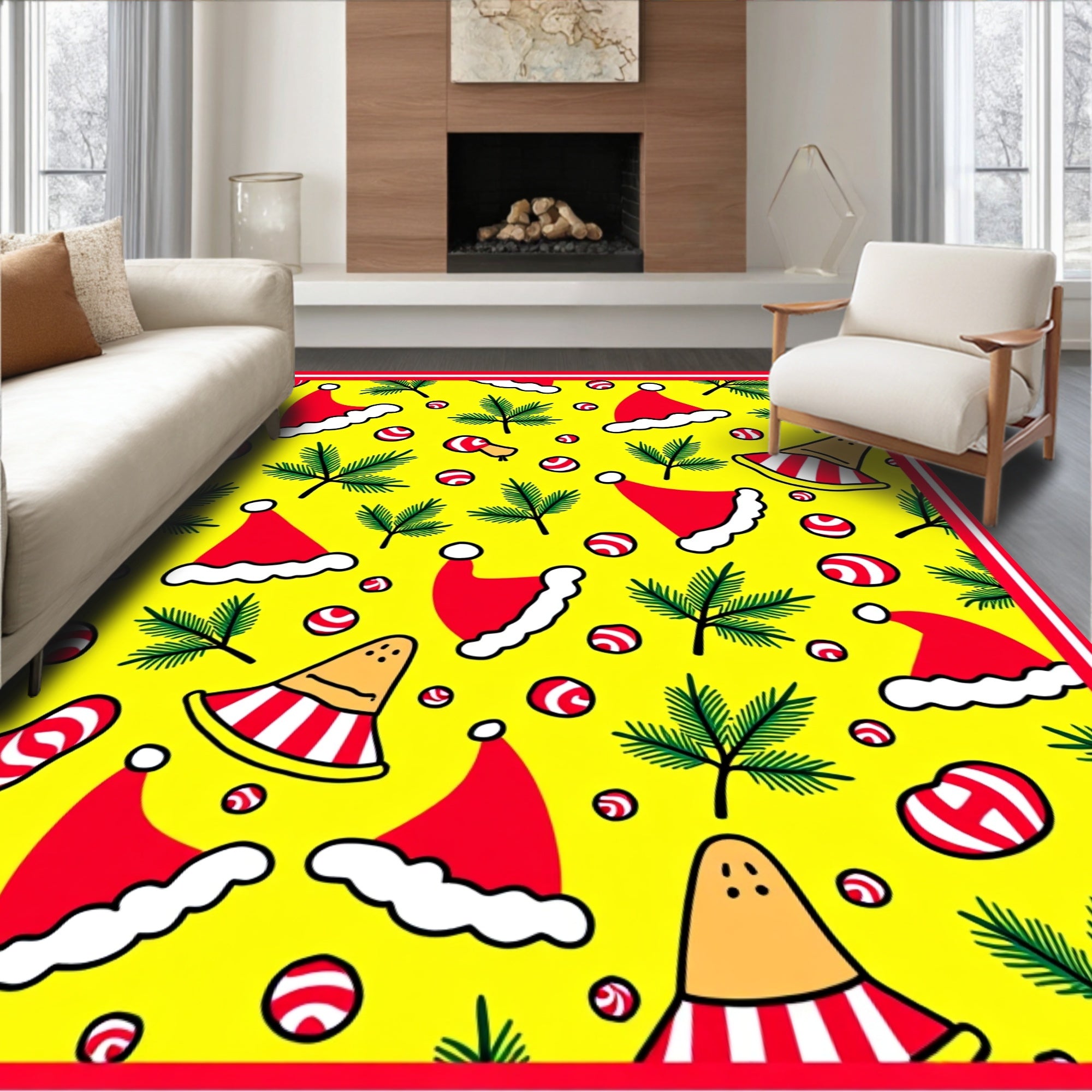 Cheerful Yellow Red Christmas Hats Garland Rug