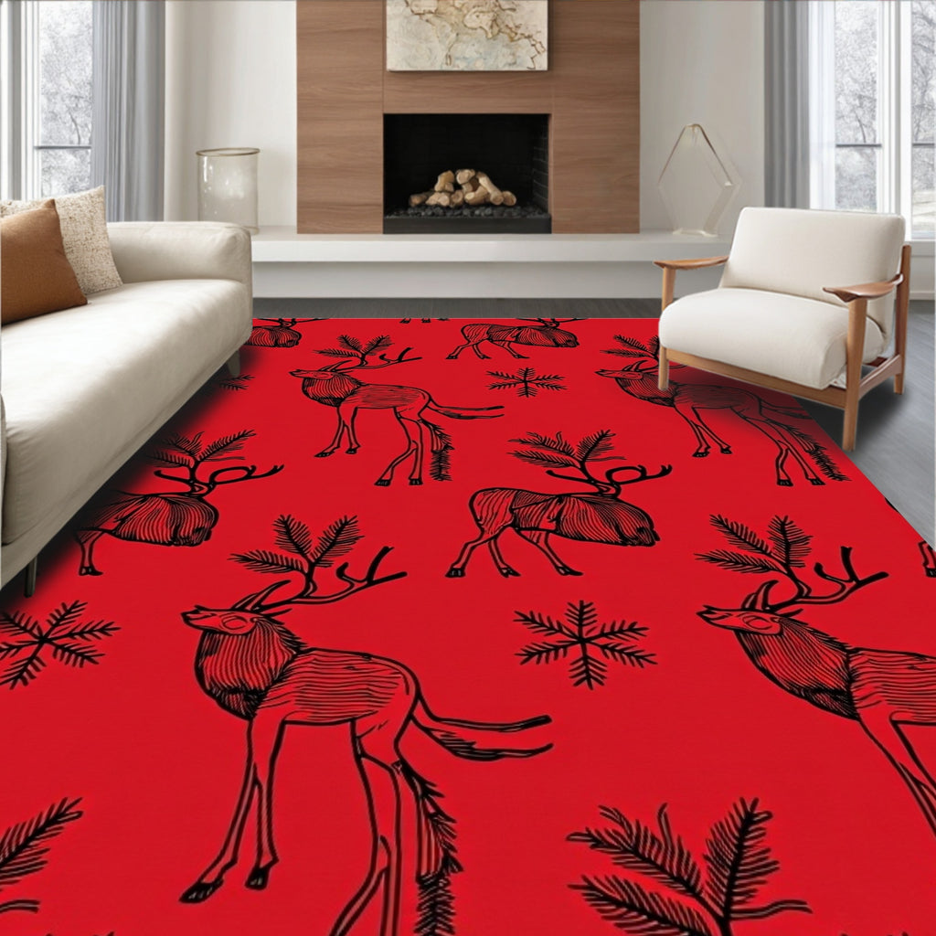 Crimson Reindeer And Snowflakes Folk Rug