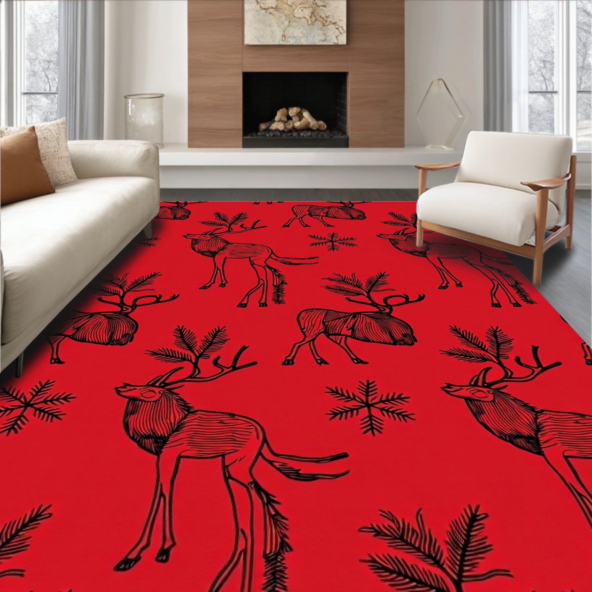 Crimson Reindeer And Snowflakes Folk Rug