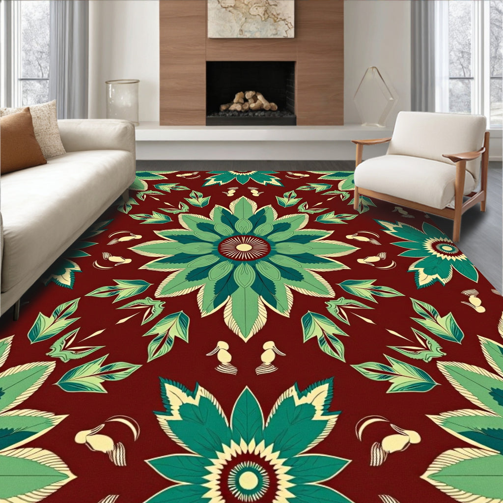 Crimson Green Floral Medallion Rug