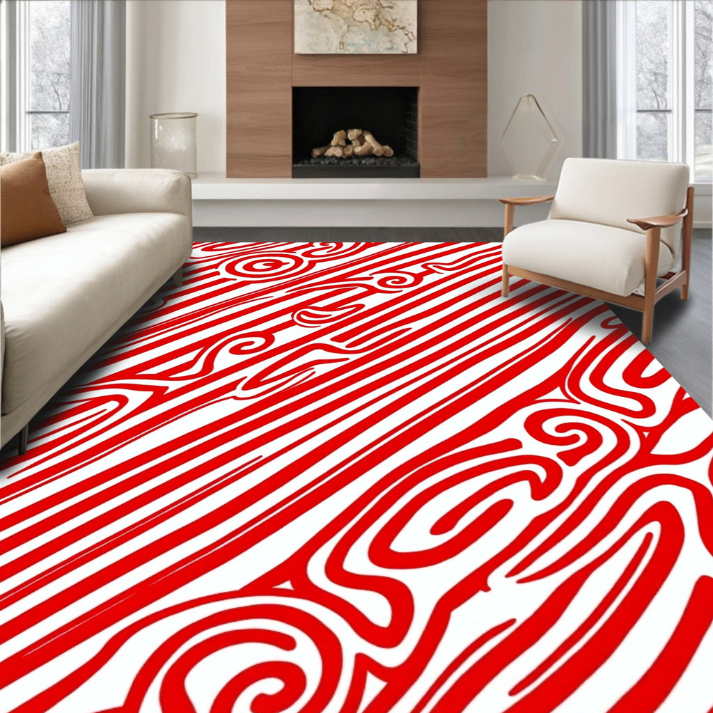 Vibrant Red Swirl Stripe Abstraction Rug