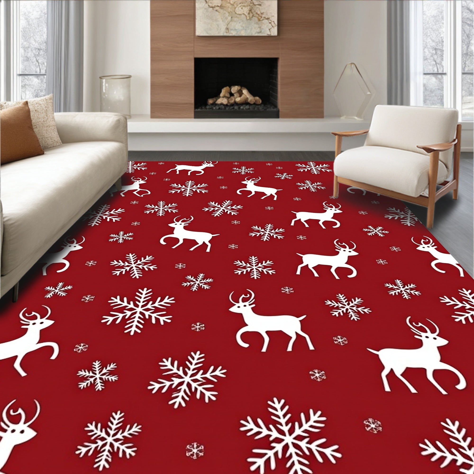 Crimson Reindeer Snowflake Meadow Rug
