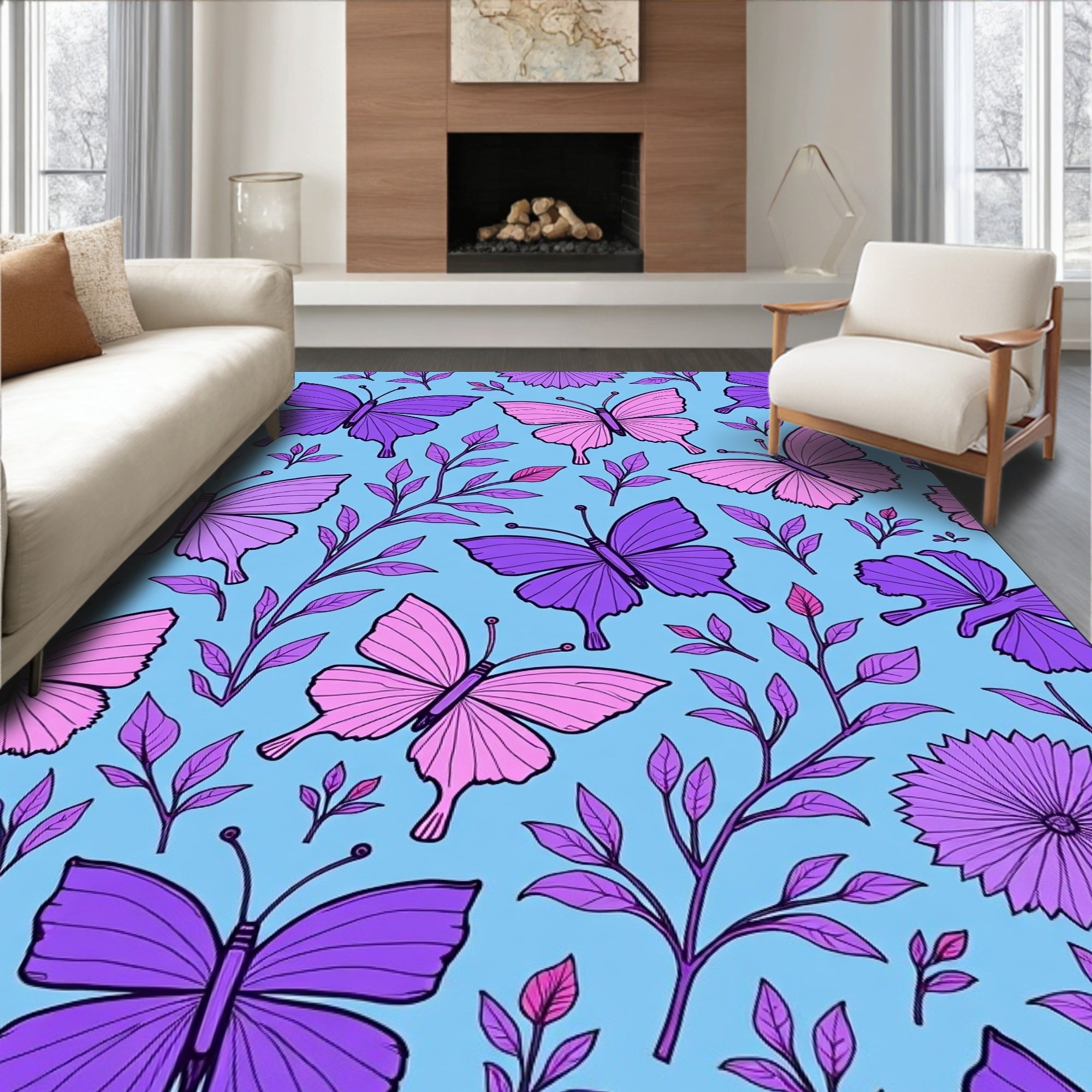 Violet Purple Butterfly Garden Collection Rug