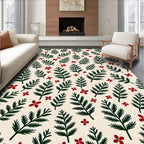 Green Pine Sprigs Red Blossoms Rug