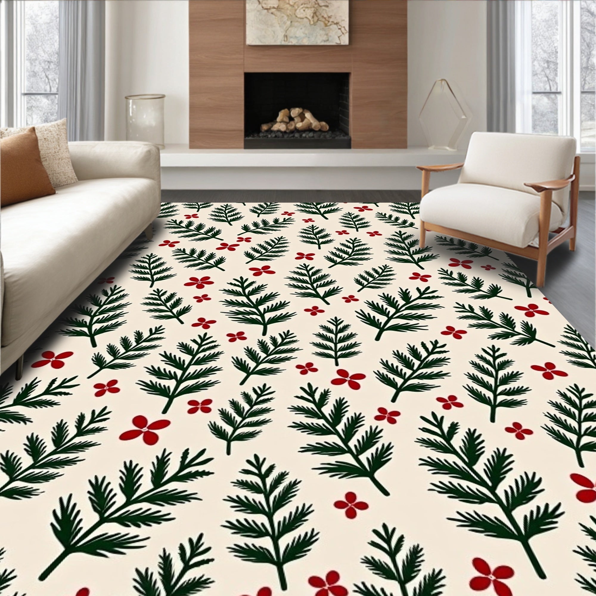 Green Pine Sprigs Red Blossoms Rug
