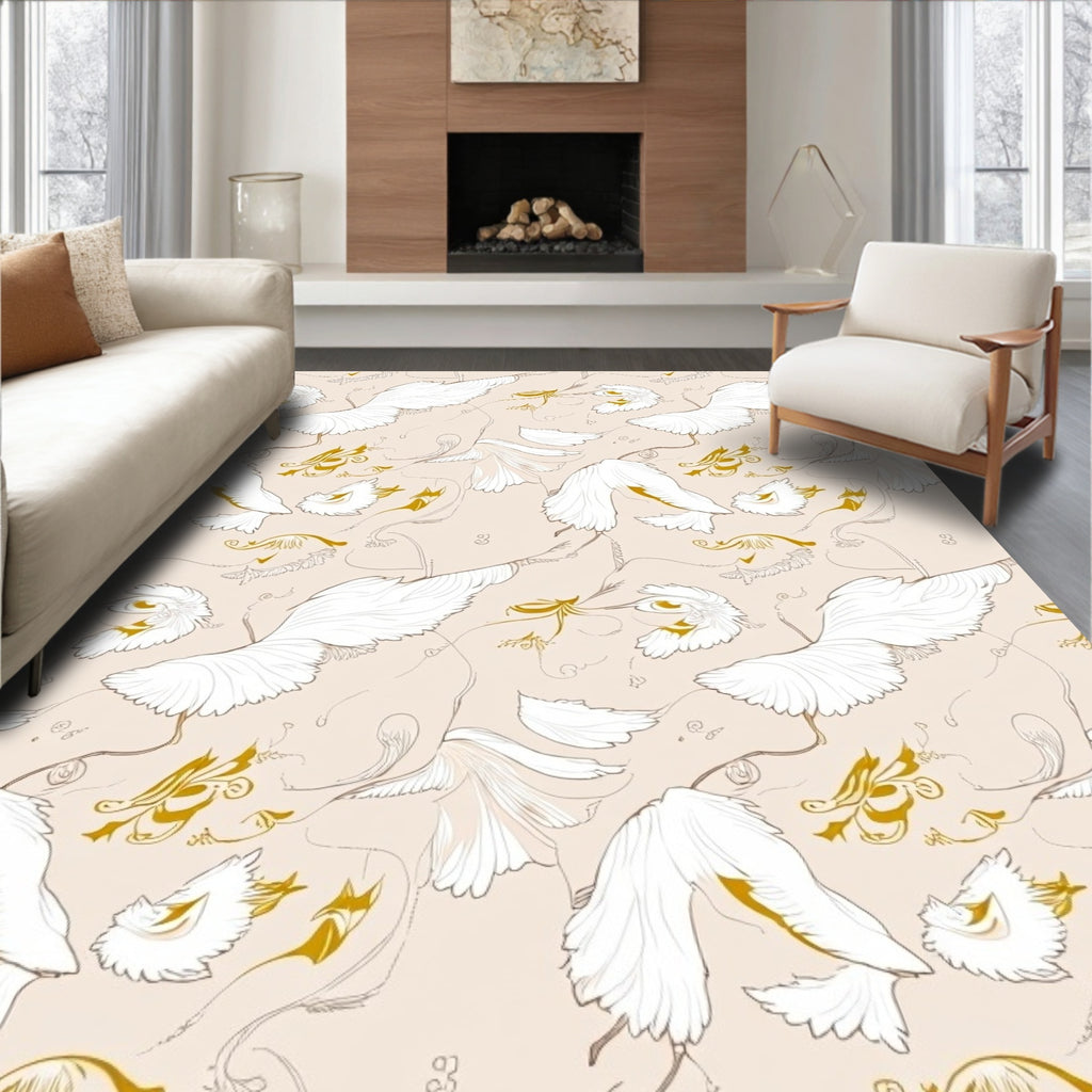 Ethereal White Bird Gold Swirls Rug