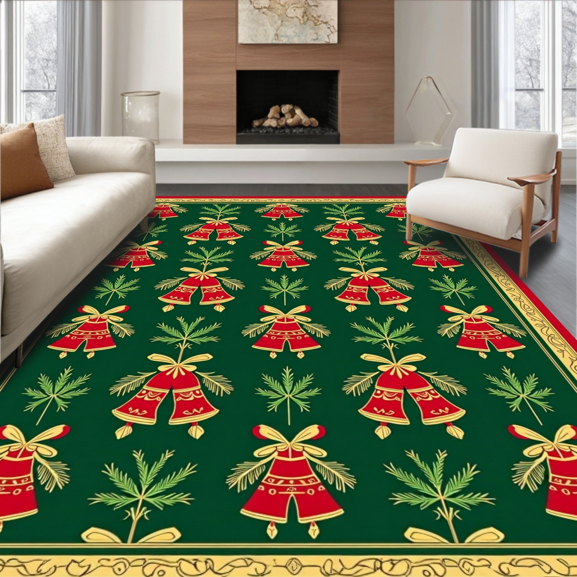 Festive Red Bell Floral Border Rug