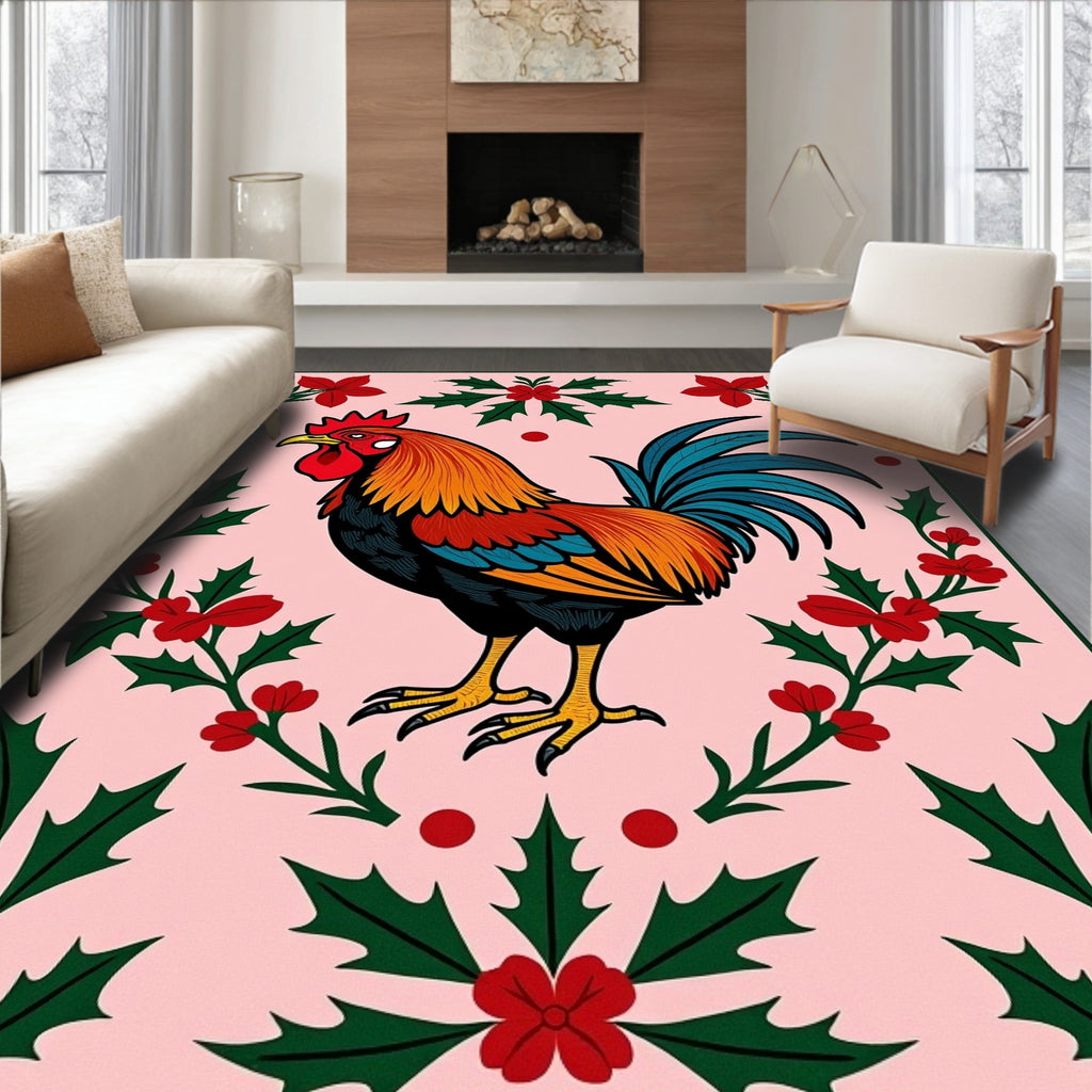 Christmas Rooster Holly Border Rug