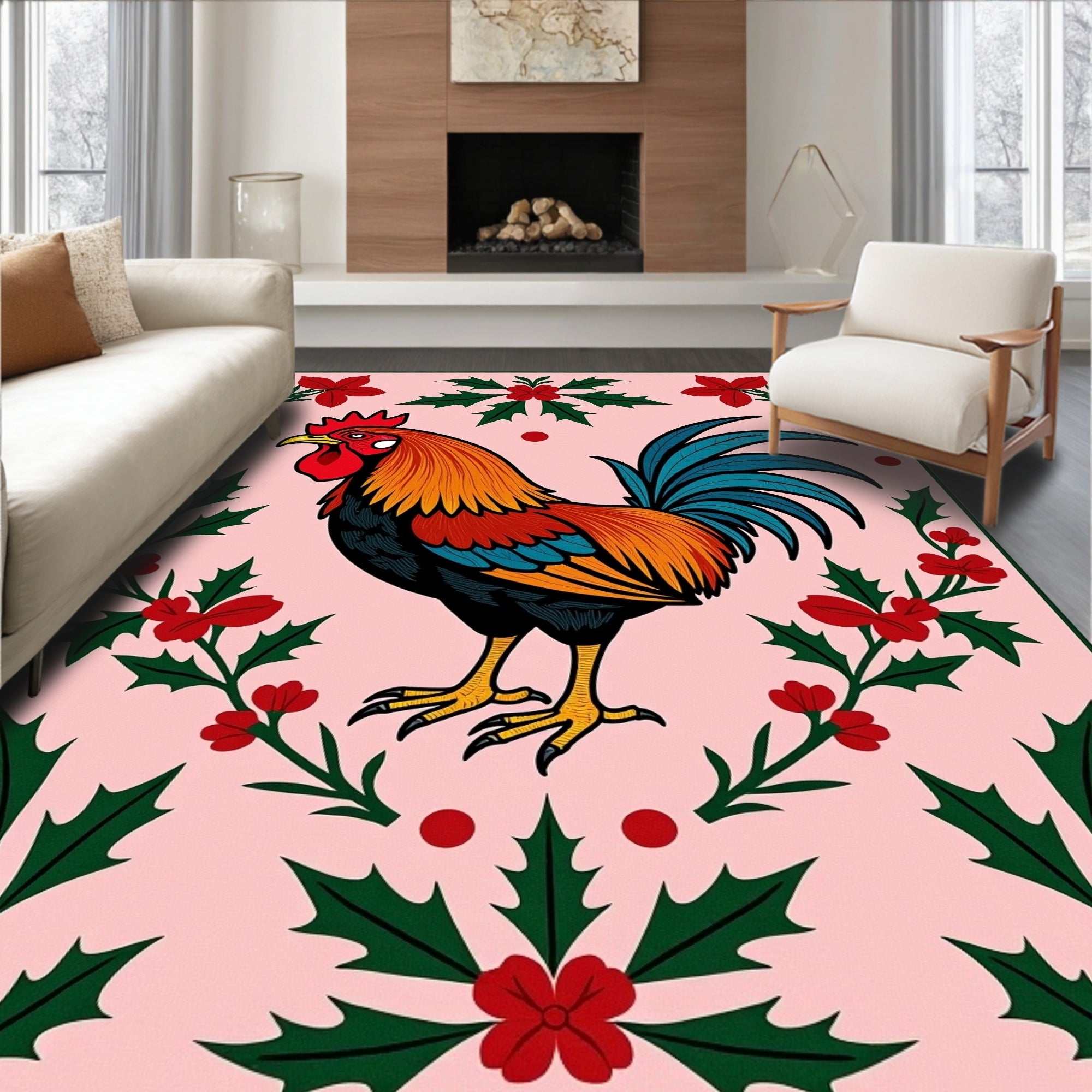 Christmas Rooster Holly Border Rug