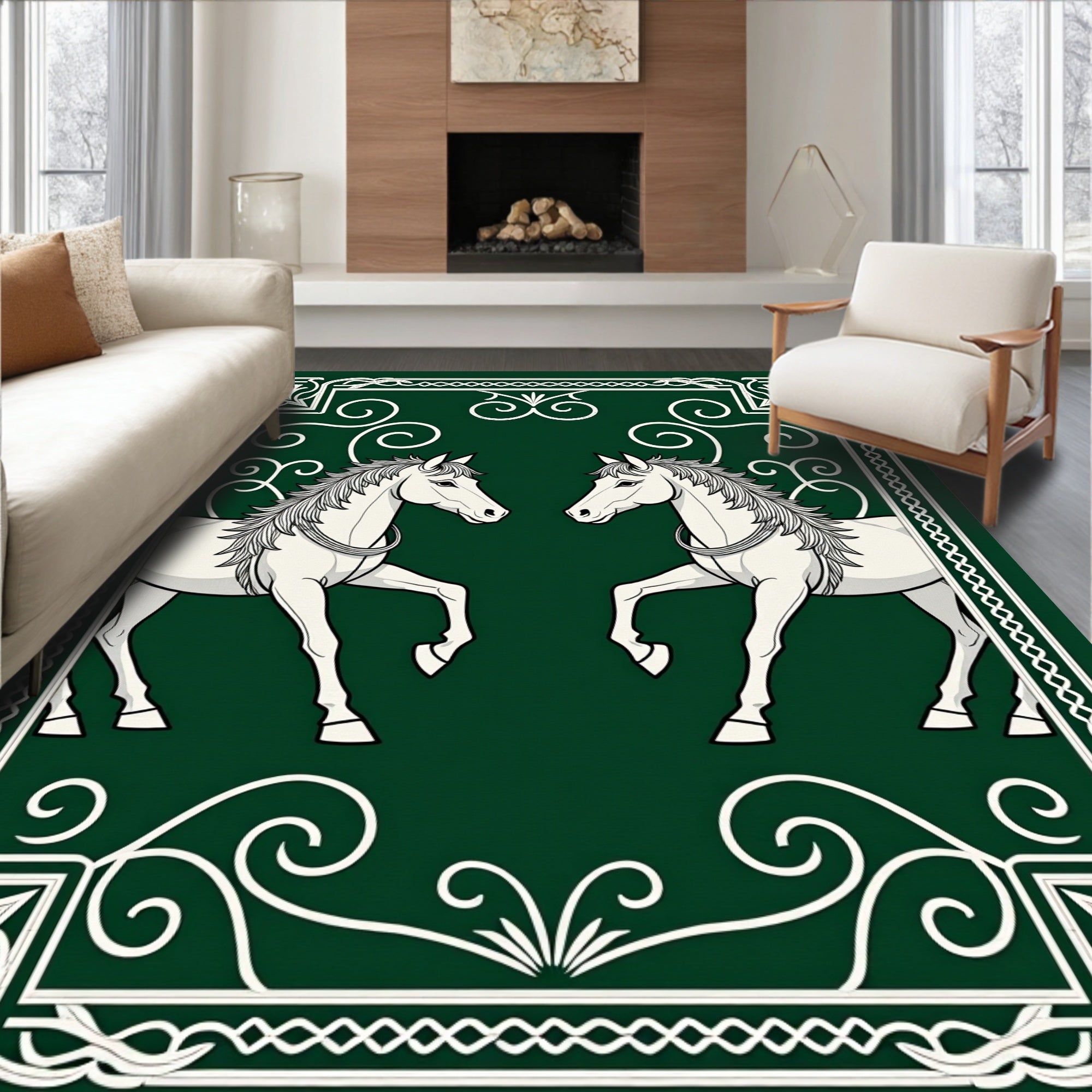 Emerald Green Twin Horse Heraldic Rug