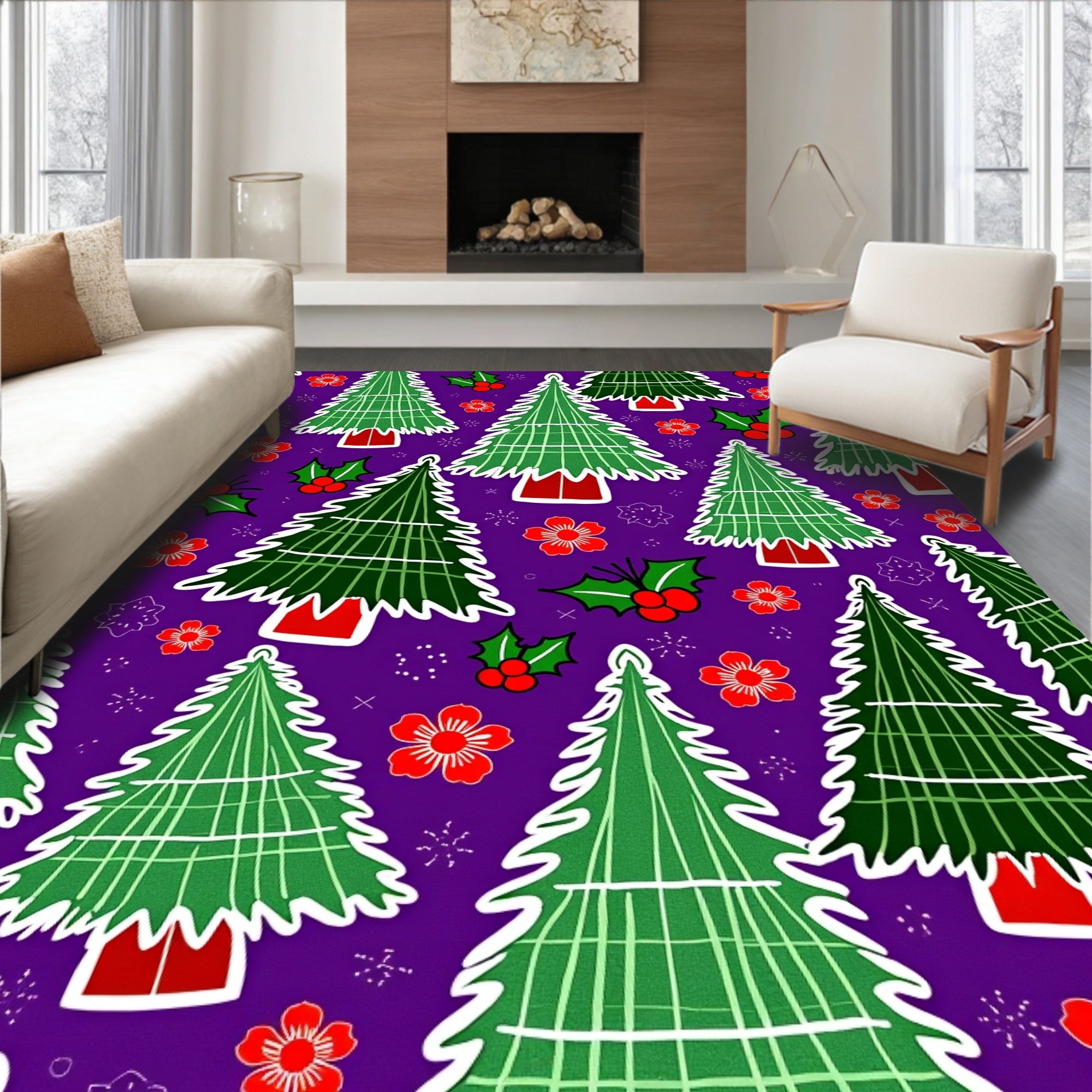 Christmas Trees Holly Red Flowers Rug