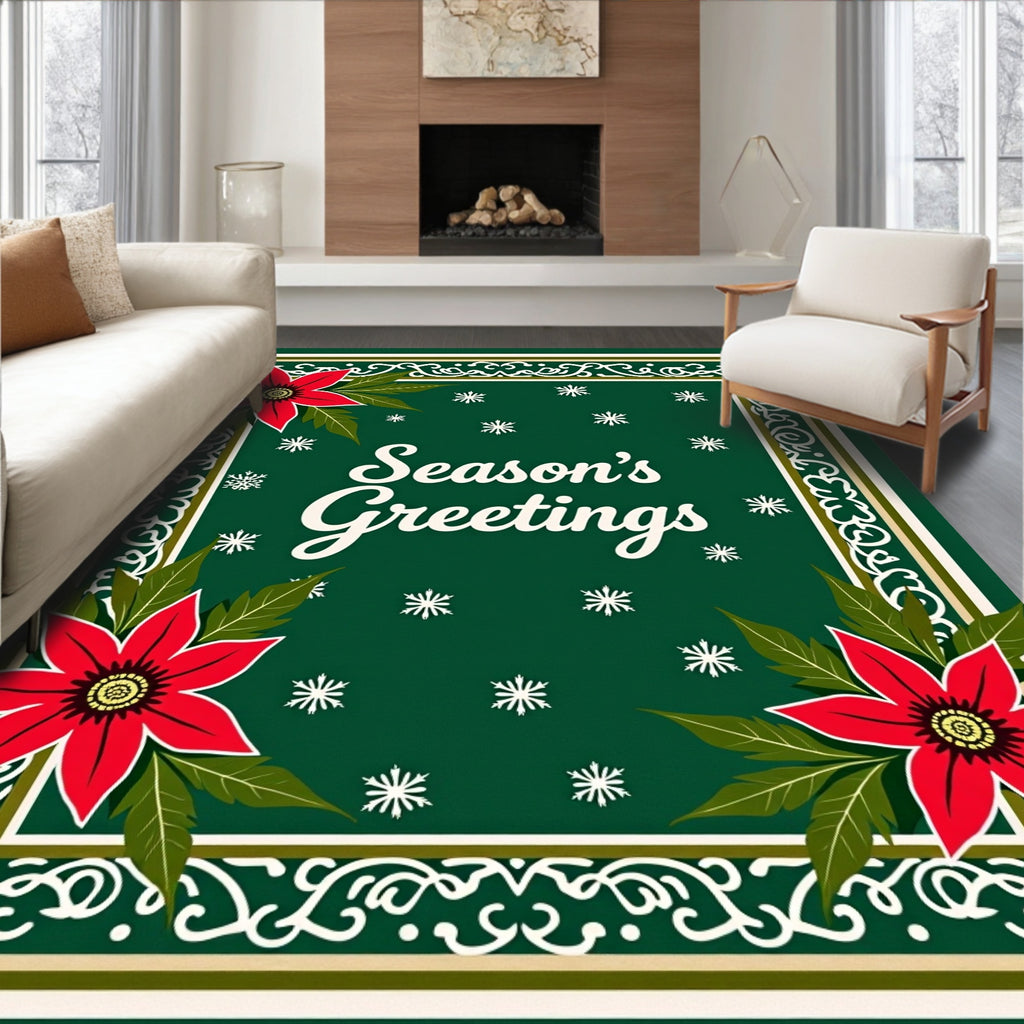 Red Poinsettia Green Snowflake Border Rug