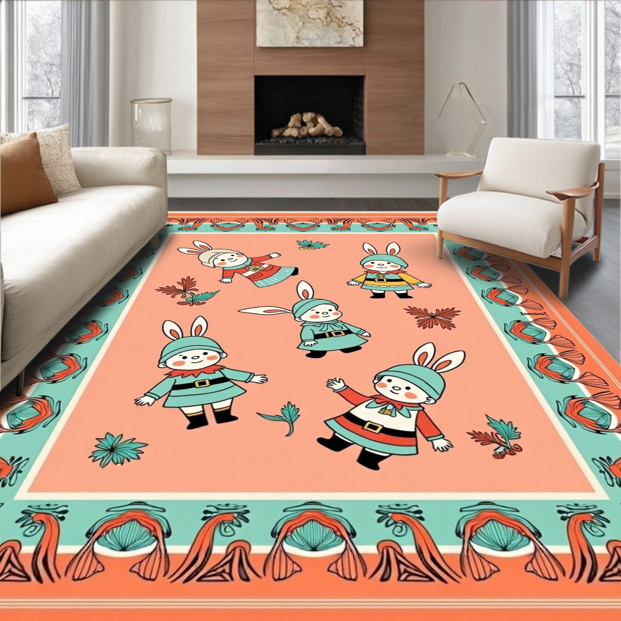 Playful Bunny Folk Orange Teal Rug