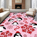 Red Penguins with Snowflakes Pink Rug