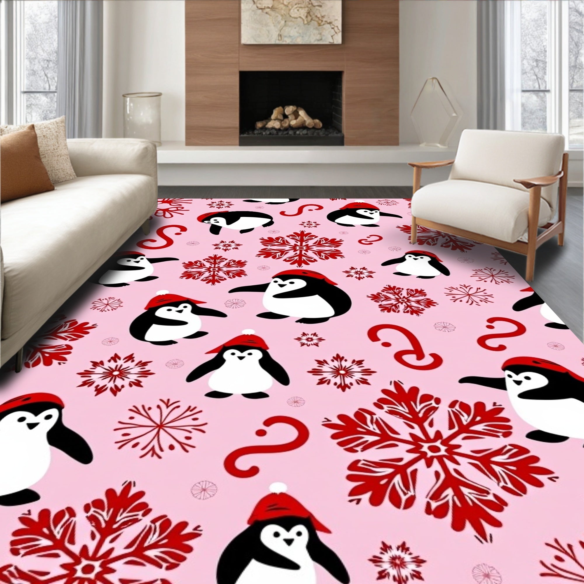 Red Penguins with Snowflakes Pink Rug