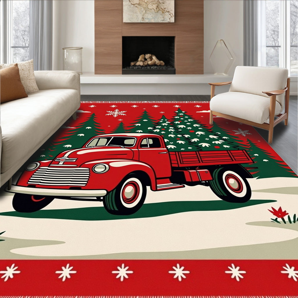 Red Vintage Truck Christmas Trees Rug