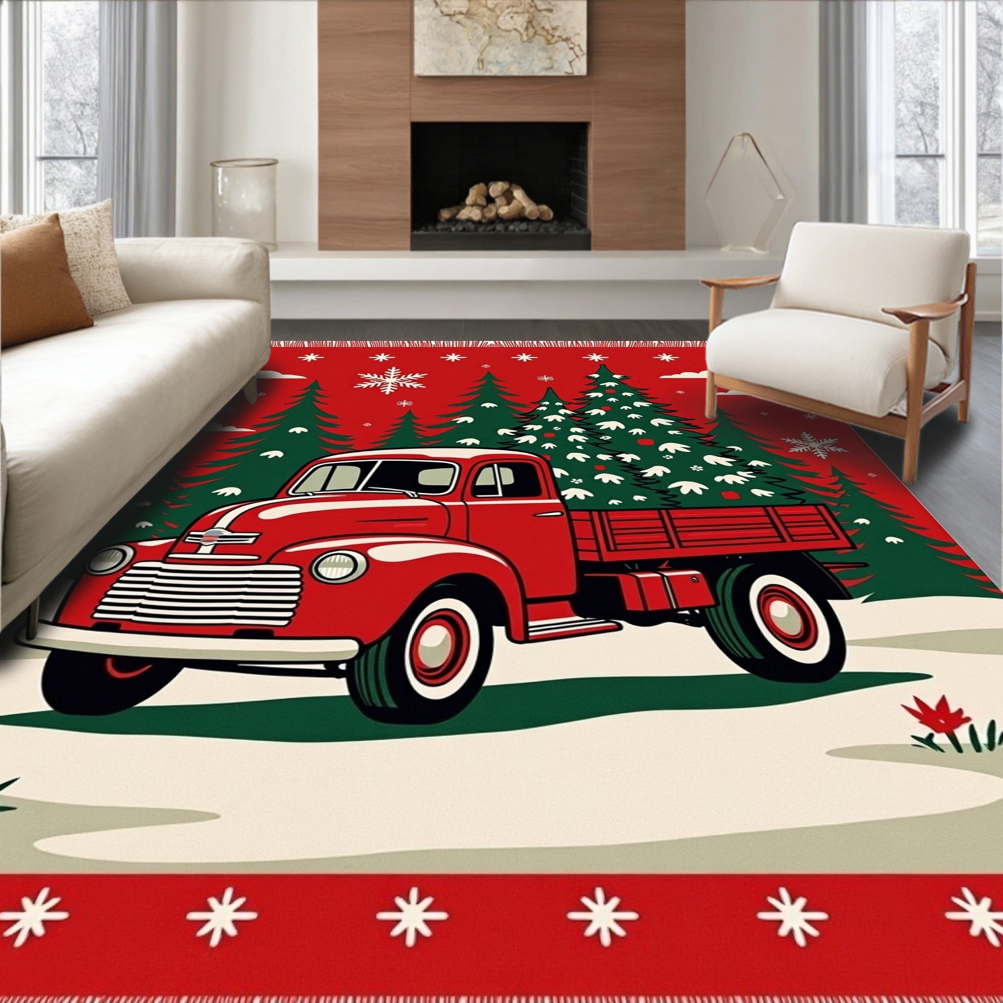 Red Vintage Truck Christmas Trees Rug