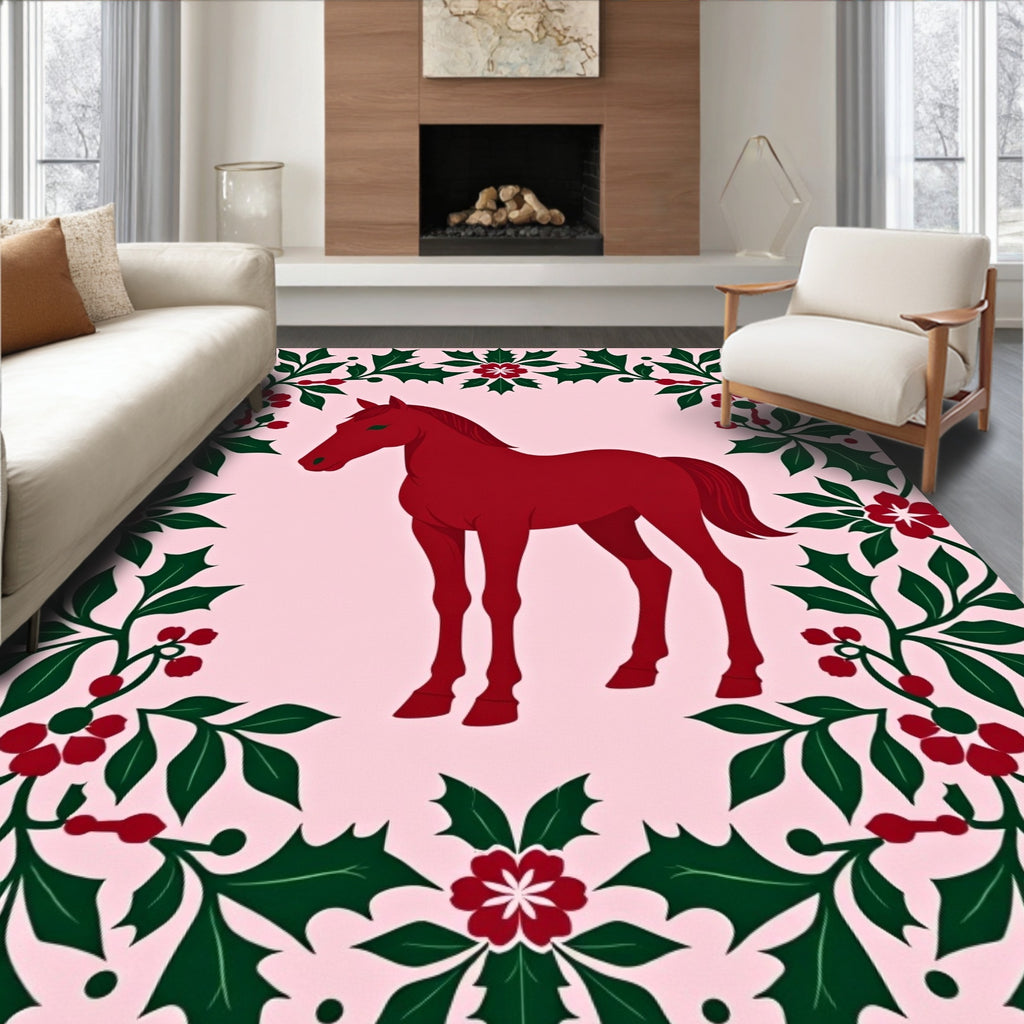 Crimson Horse With Holly Garland Rug