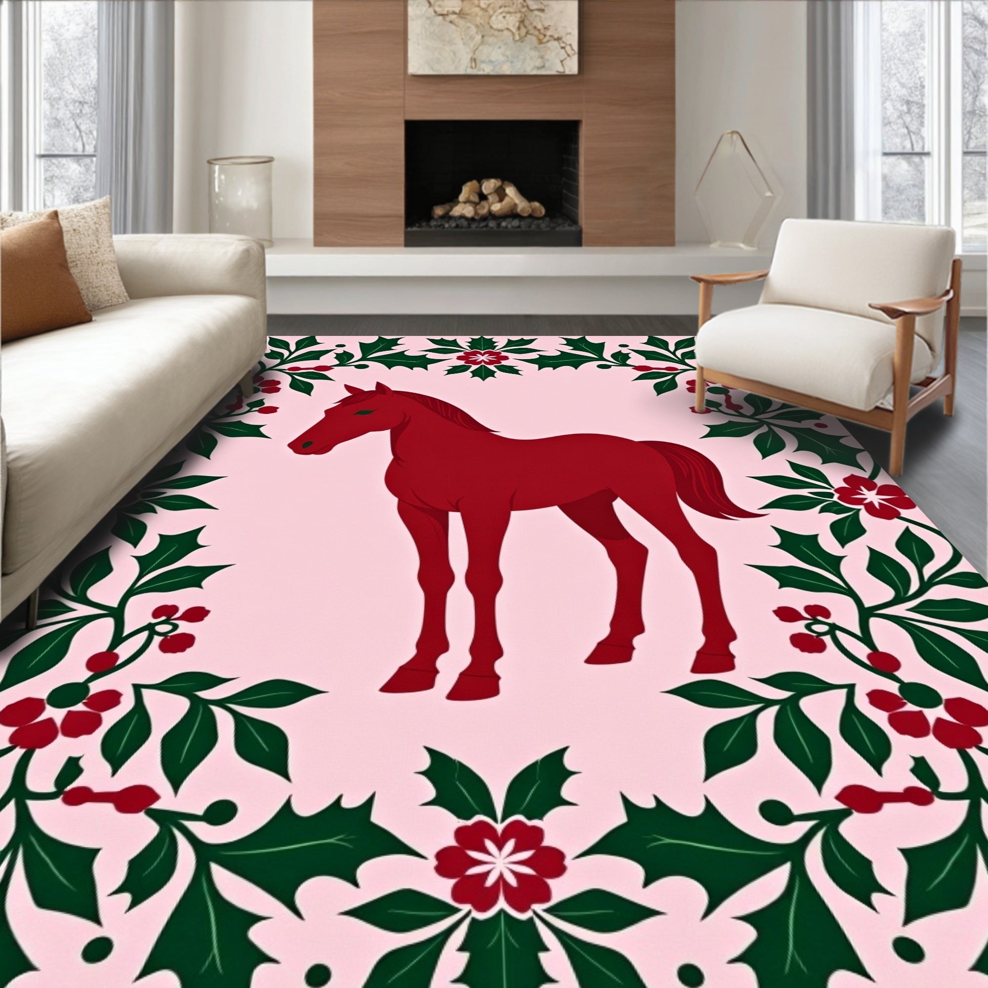 Crimson Horse With Holly Garland Rug