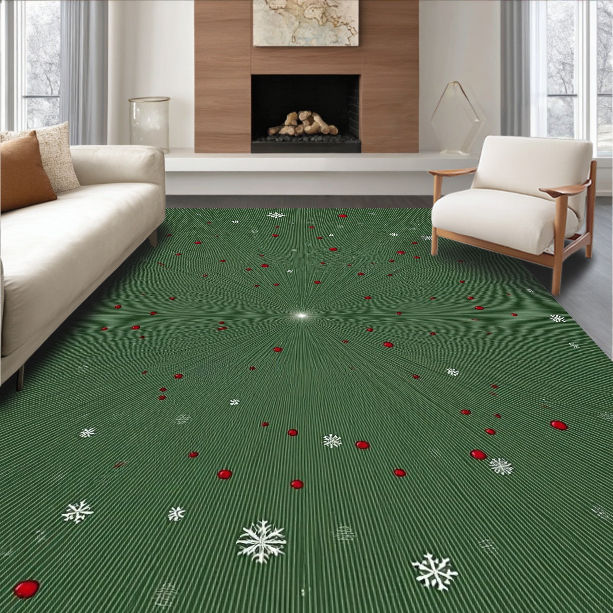 Green Festive Red Orb Snowflake Burst Rug