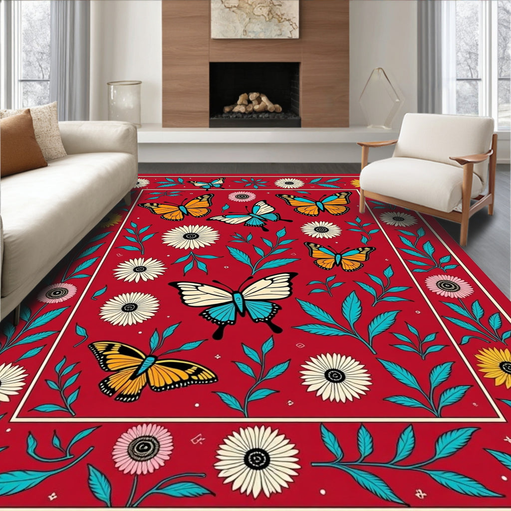 Vibrant Red Butterfly Garden Collage Rug