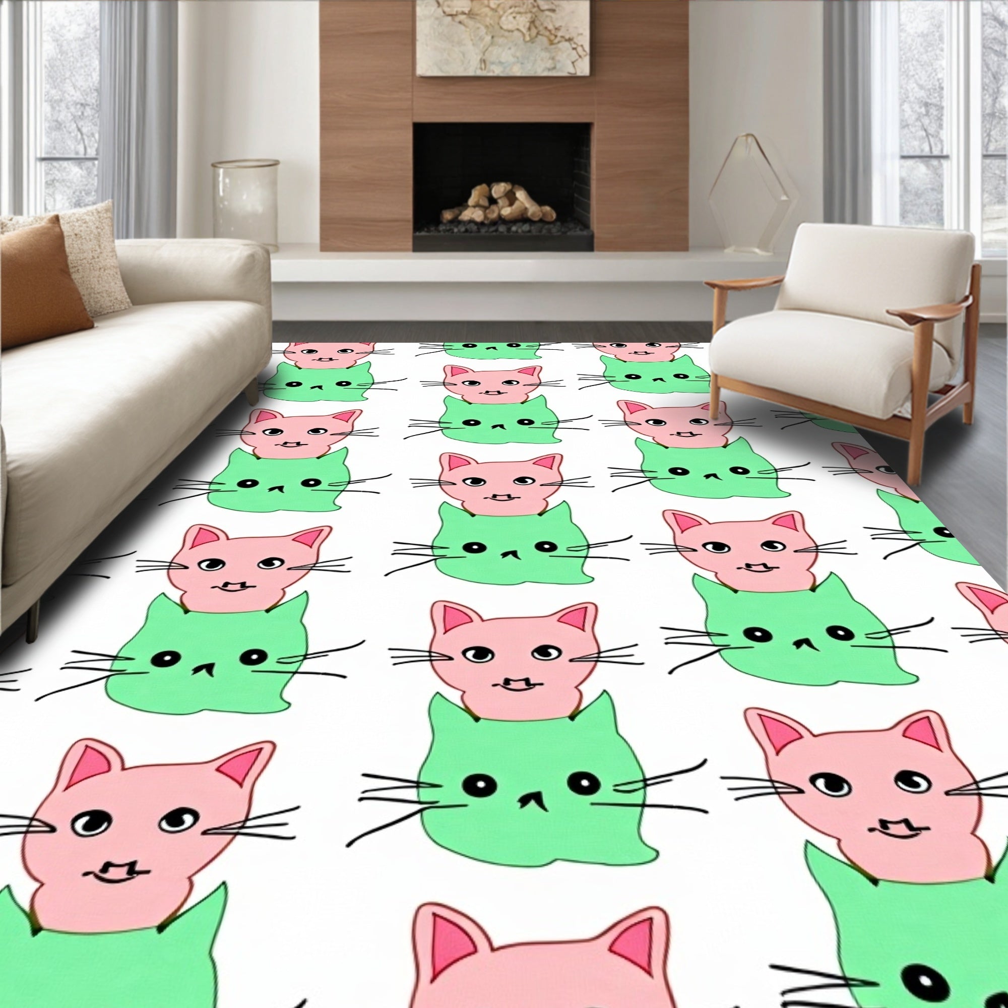 Pink Green Whimsical Cat Stack Rug