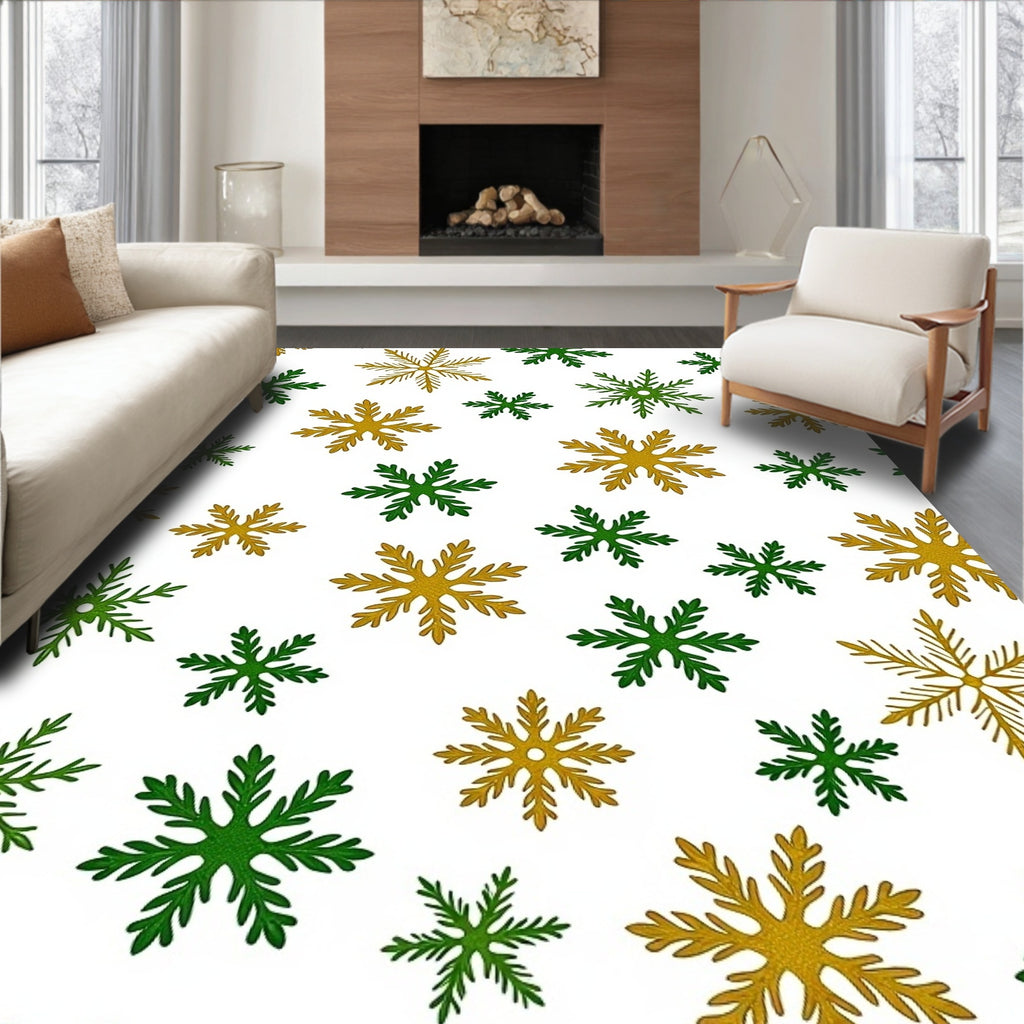 Gold Green Snowflake Snow Fall Rug