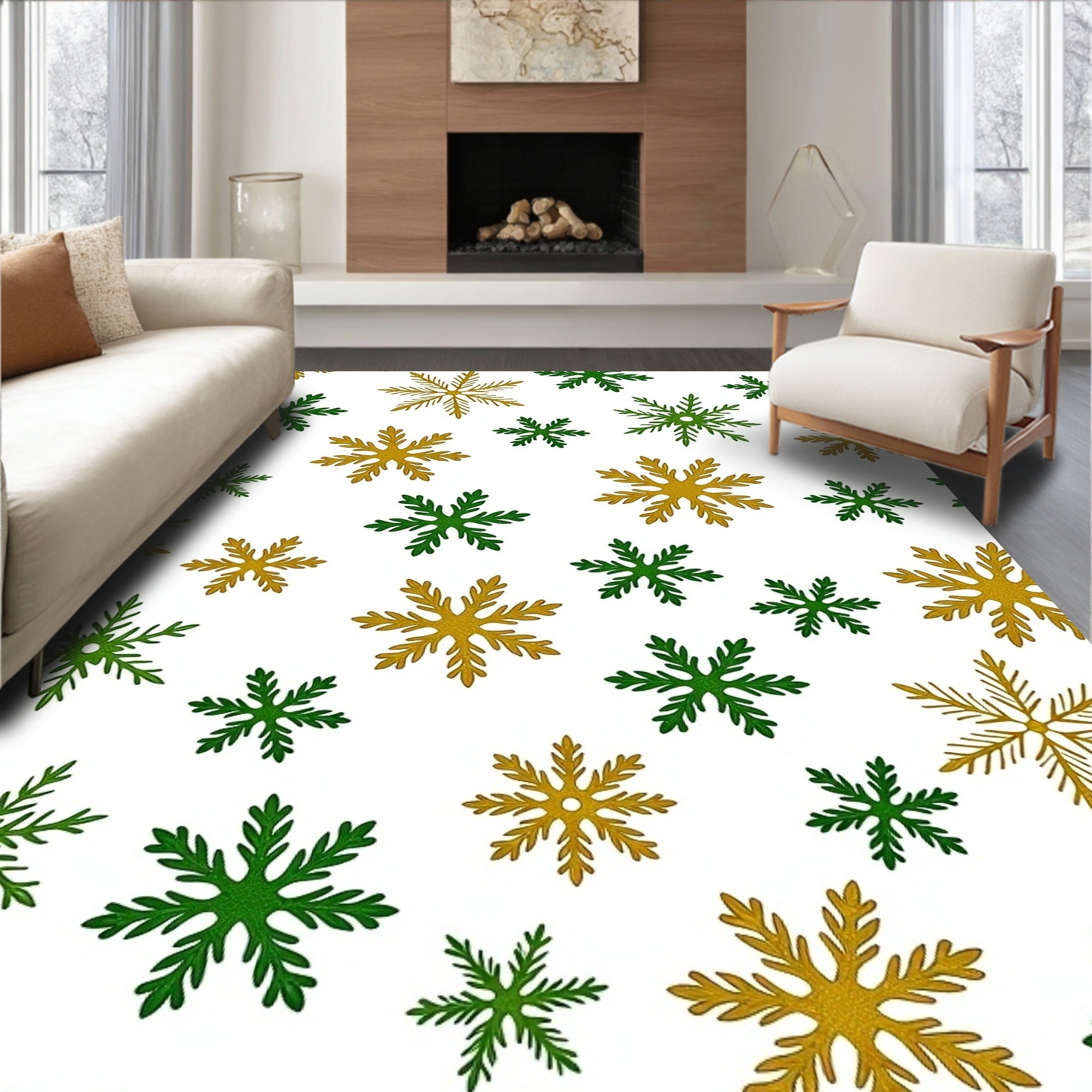 Gold Green Snowflake Snow Fall Rug