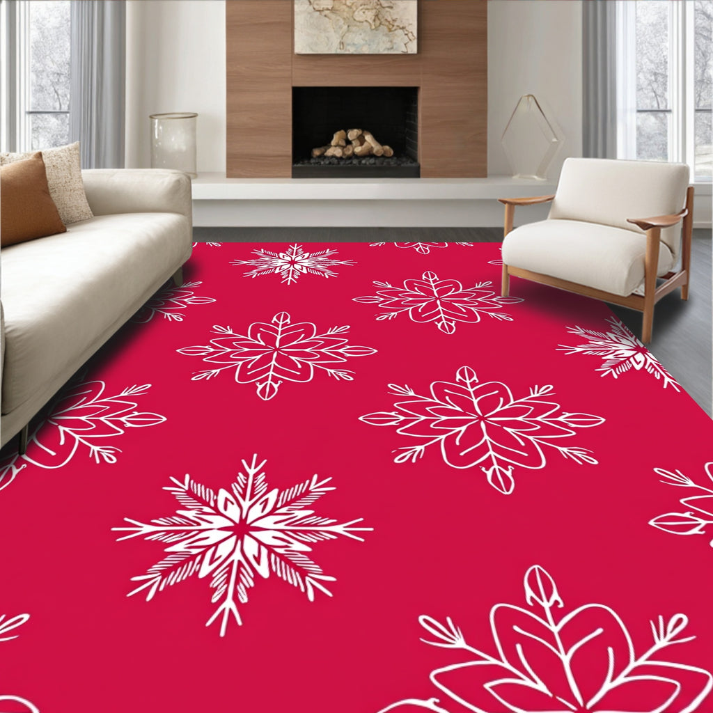 Crimson White Snowflake Folk Art Rug