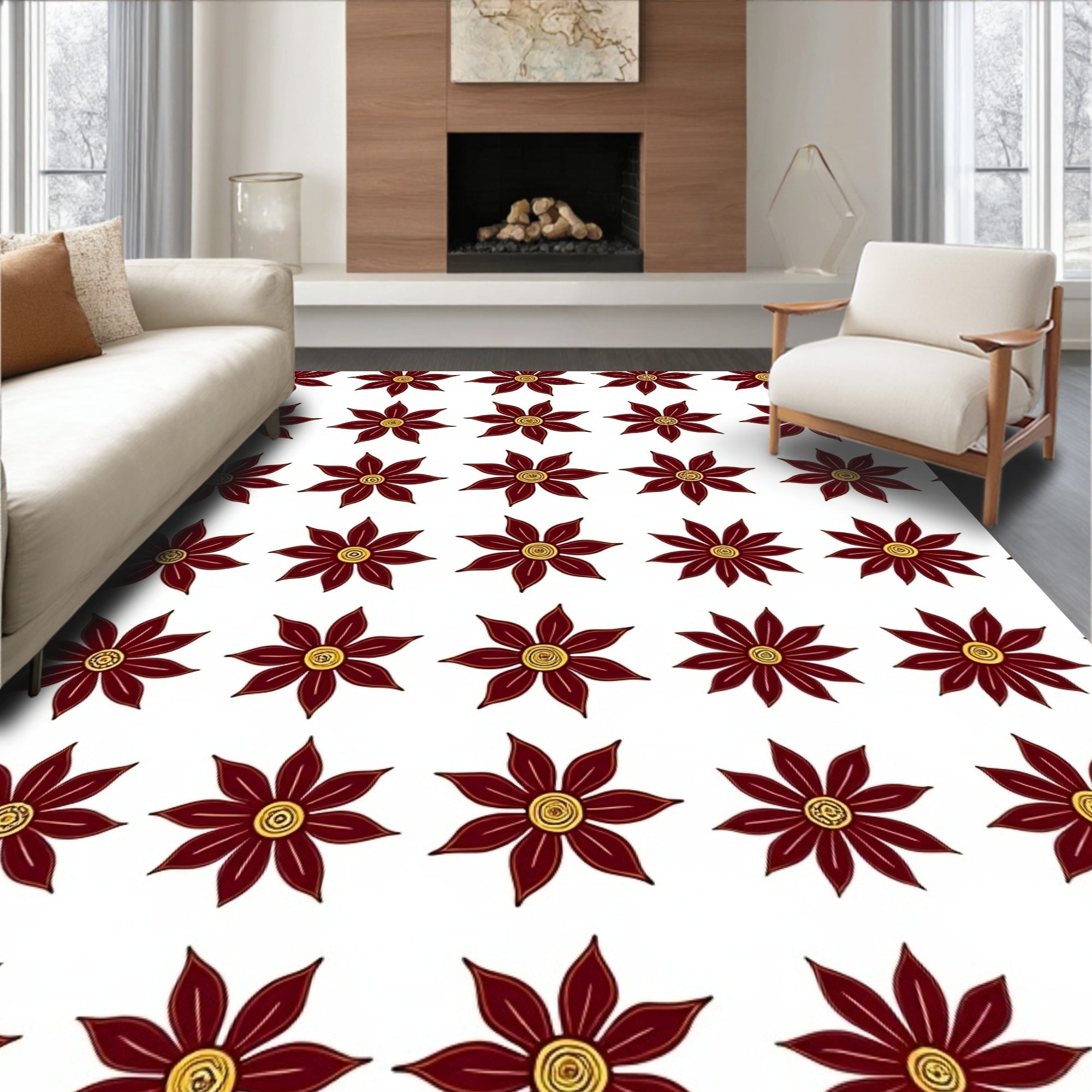 Maroon Petal Floral Repeating Pattern Rug