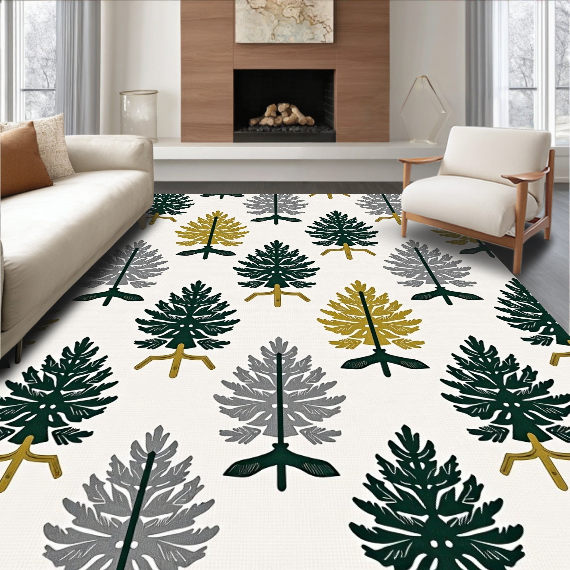 Forest Green Gold Gray Trees Rug