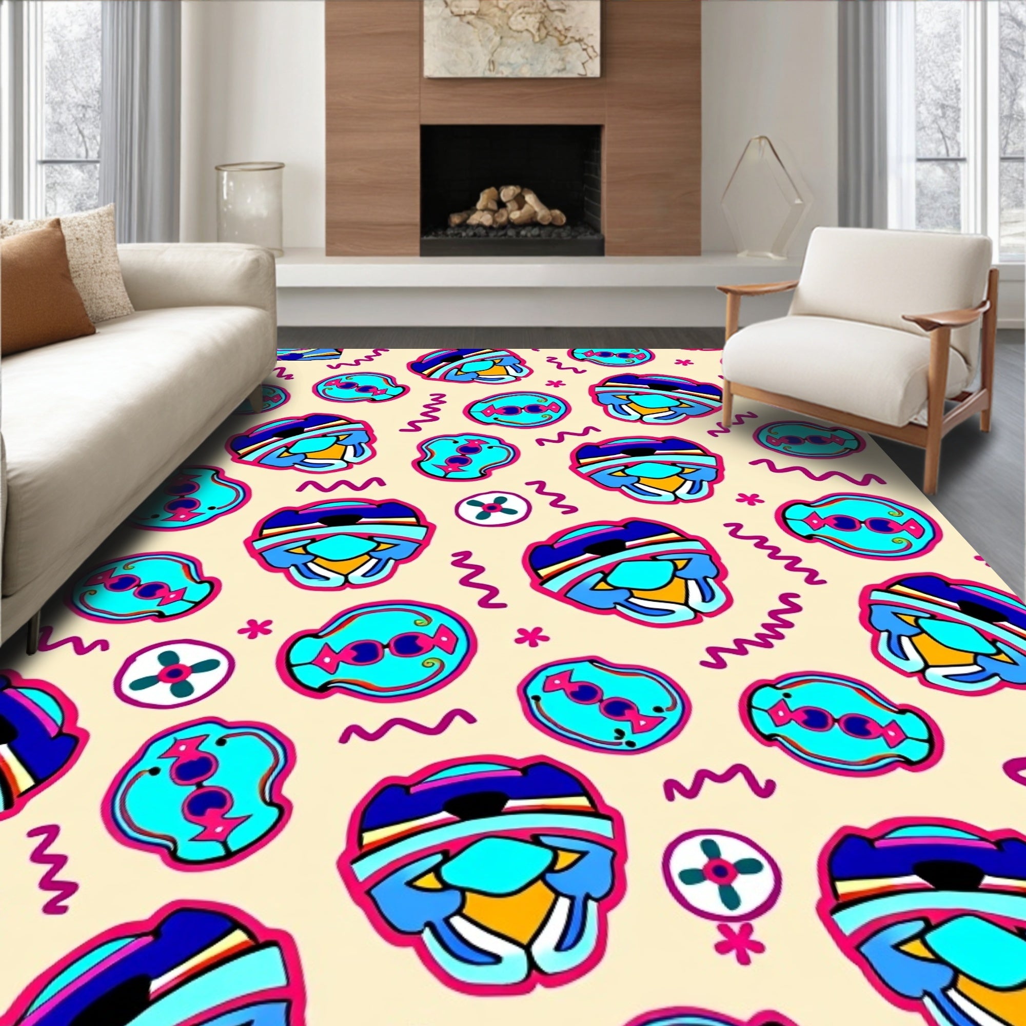 Abstract Blue Yellow Pink Figures Rug
