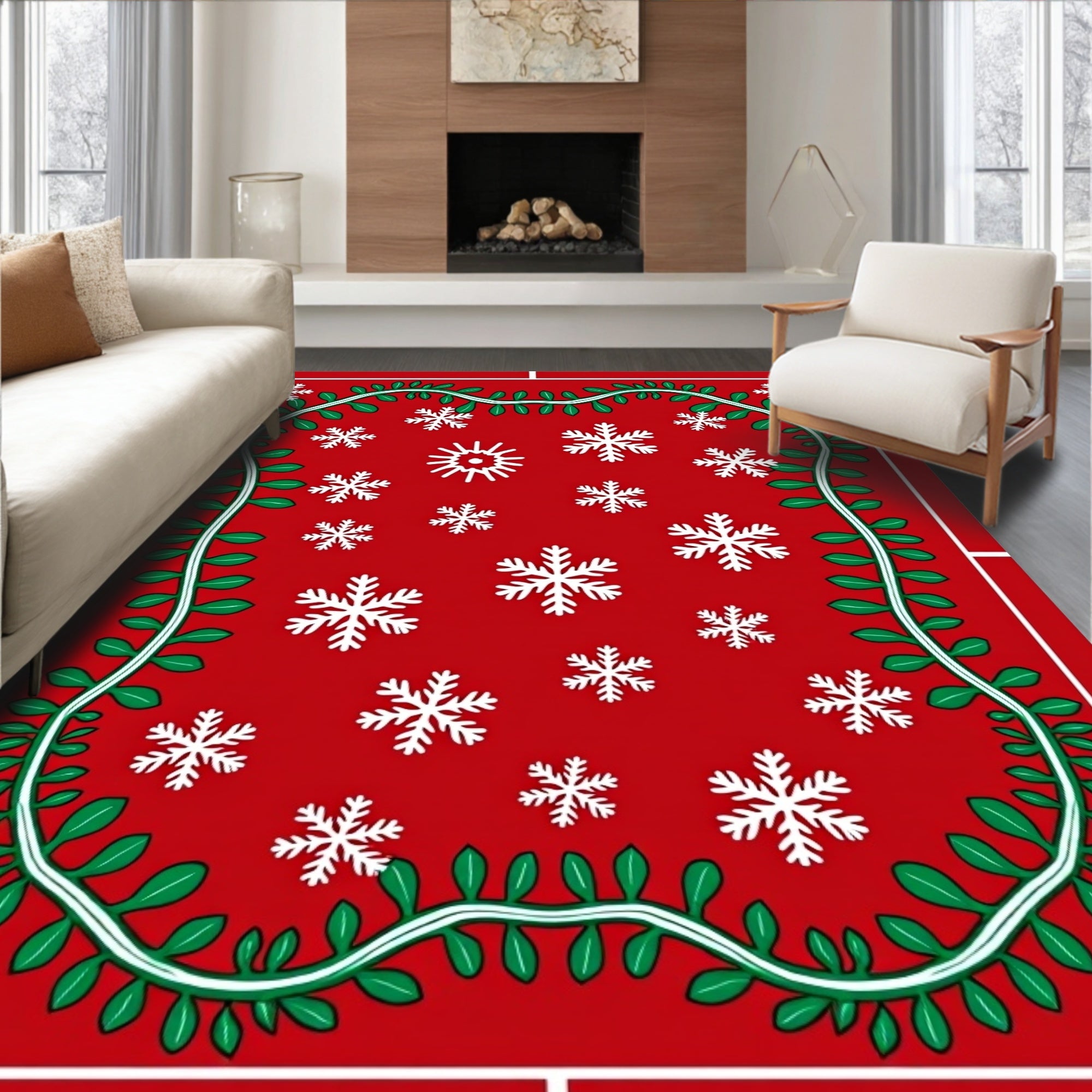 Red Snowflake Garland Holiday Rug