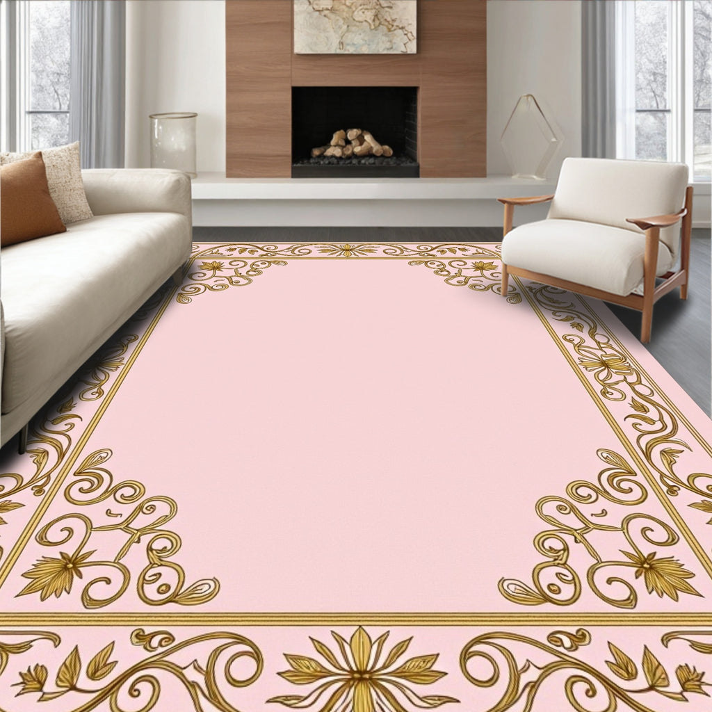 Golden Floral Vines Pink Border Rug