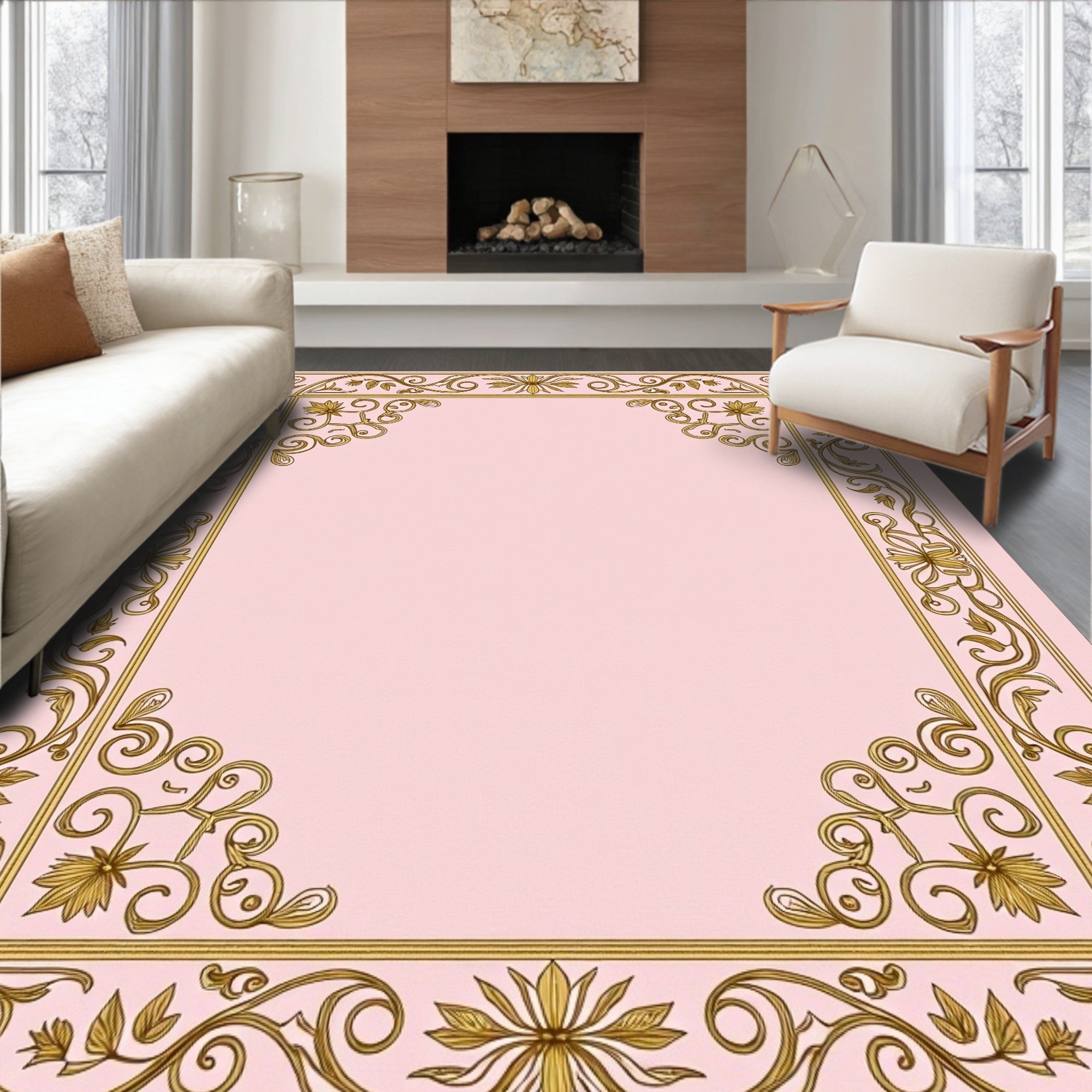 Golden Floral Vines Pink Border Rug