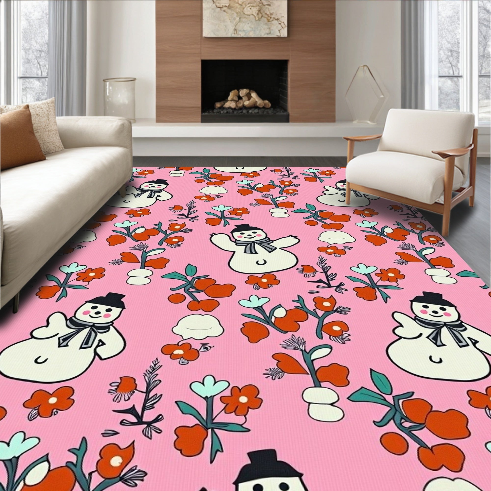 Pink Snowman Floral Whimsical Garden Rug